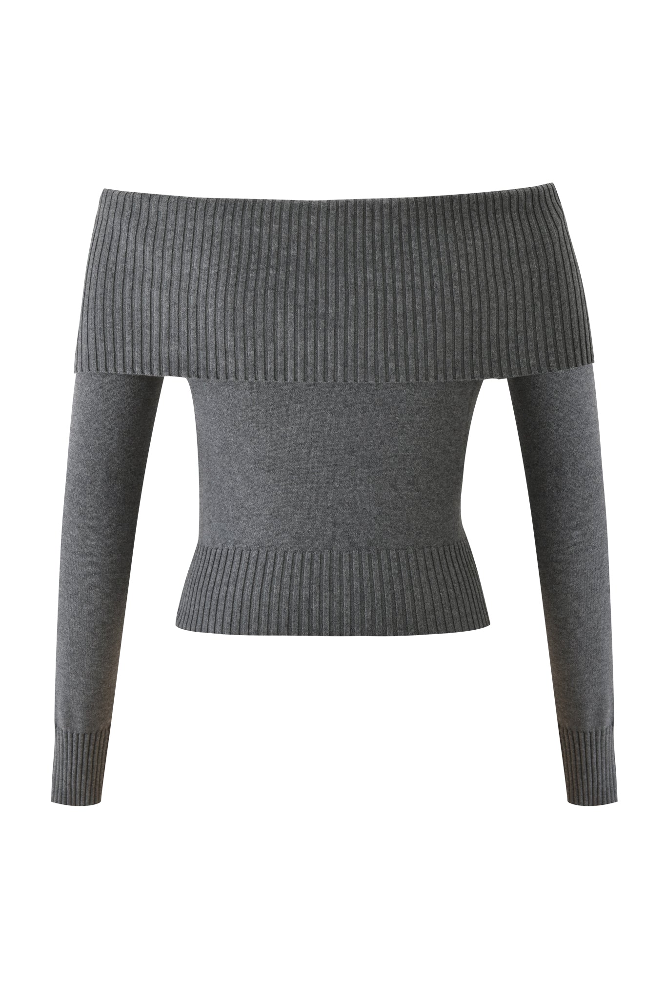 The I.AM.GIA ZION CARDIGAN in grey features a wide neckline, long sleeves, and ribbed detailing on the neckline, cuffs, and hem for a fitted, modern look.