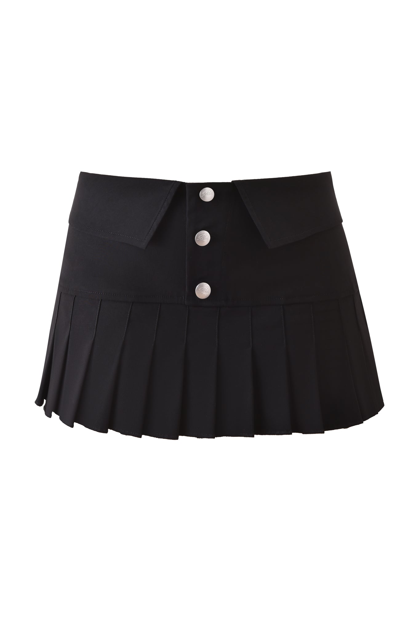 The BLAKE MINI SKORT - BLACK by I.AM.GIA features a high waist, wide waistband, three silver front buttons, and two angled flap details for a structured, chic look.