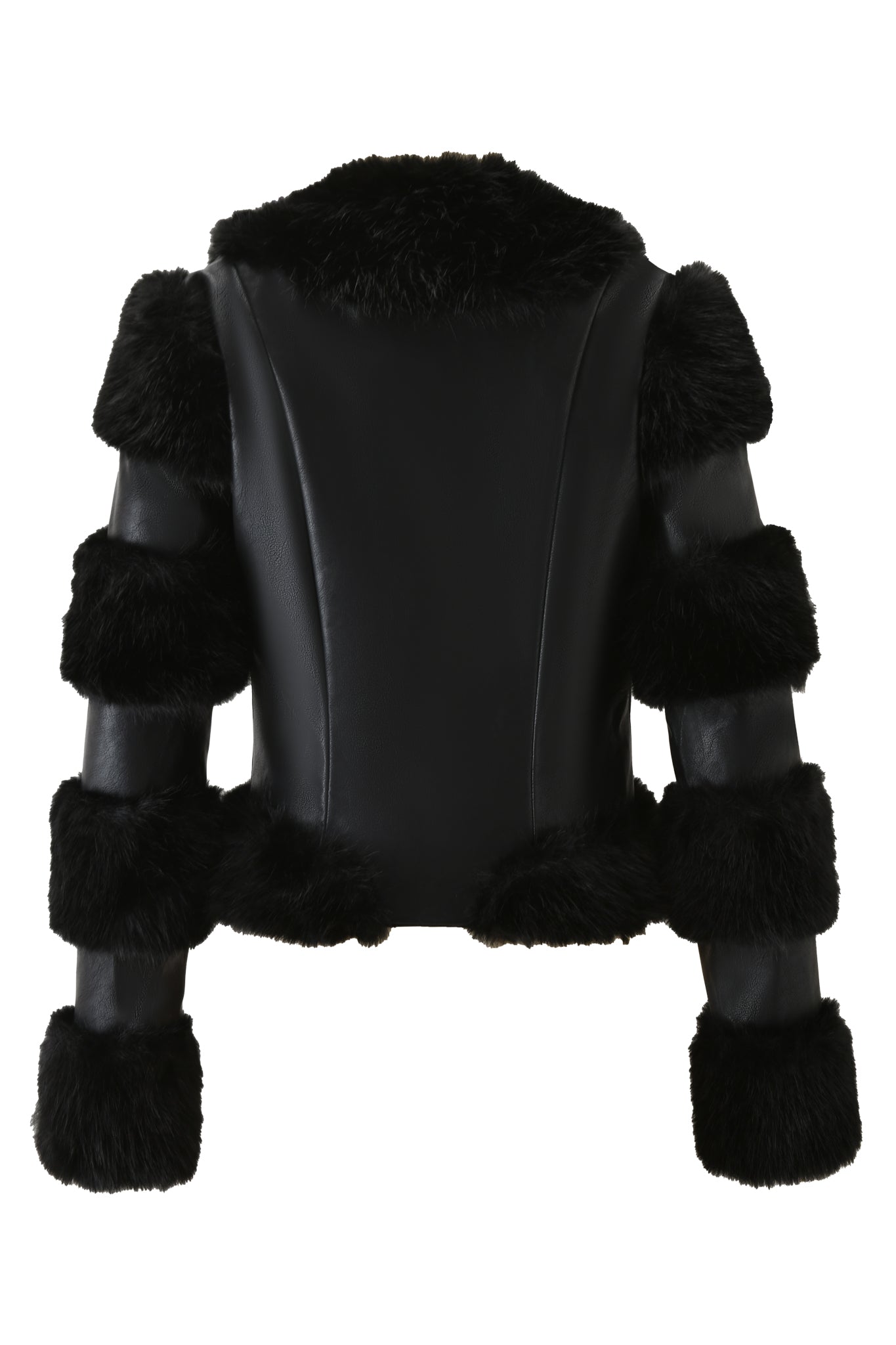 The VRAI JACKET - BLACK by I.AM.GIA is a fitted, cropped PU leather jacket with black faux fur trim on the collar, cuffs, hem, and sleeve bands for a modern, tailored look.