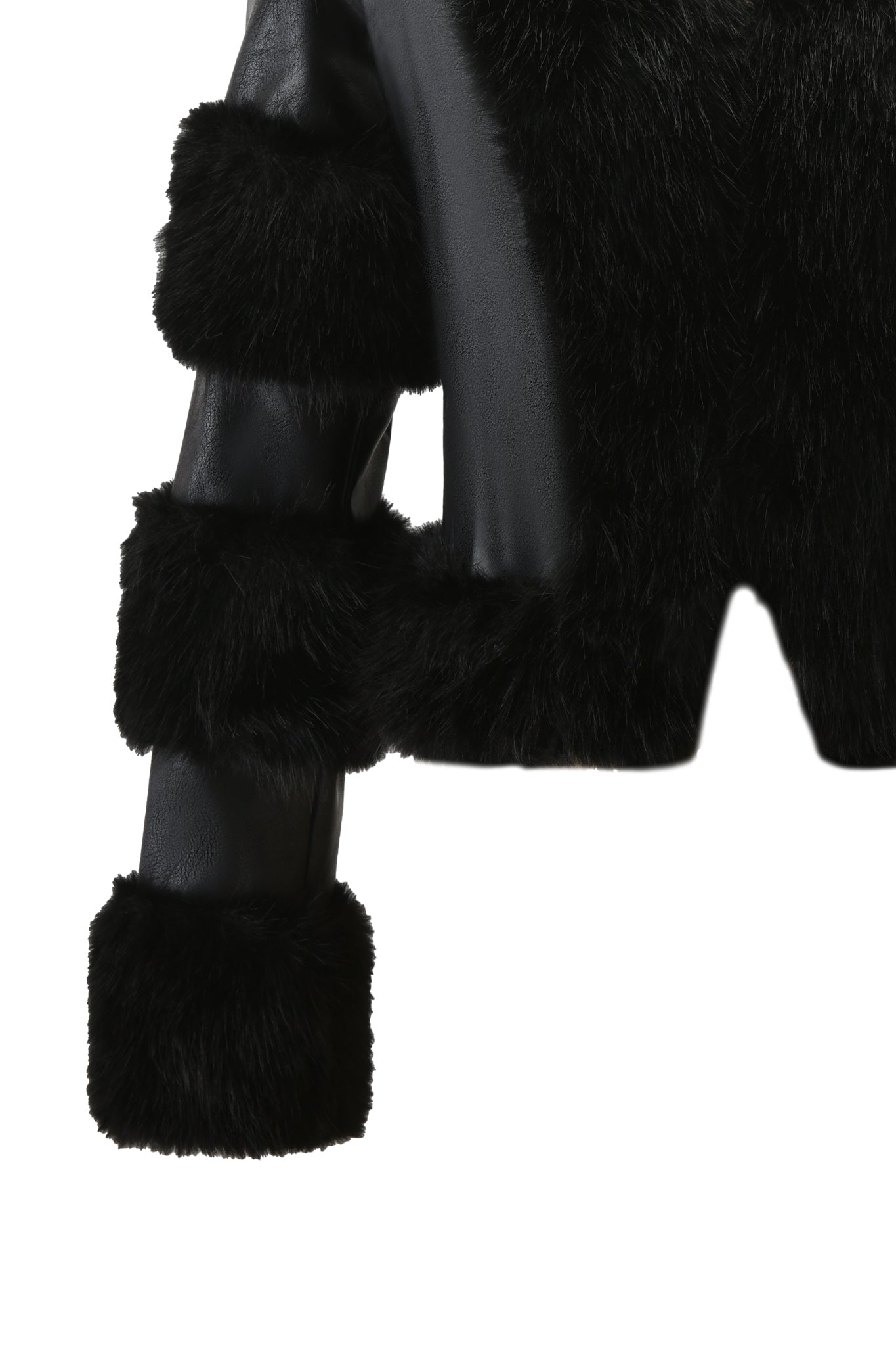 A close-up of the I.AM.GIA VRAI JACKET - BLACK, a fitted jacket in black PU leather with black faux fur panels on the sleeves and body, shown against a white background.