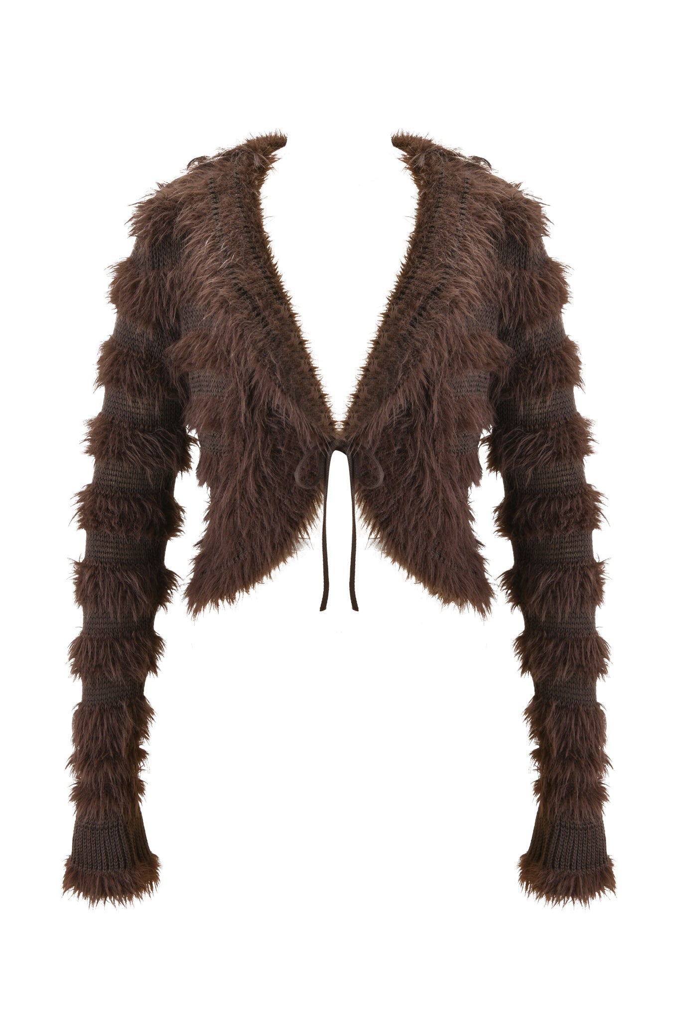 The DEMETRIA CARDIGAN - BROWN by I.AM.GIA is a cropped, chocolate brown faux fur knit with long sleeves, a deep V-neckline, and front tie closure, offering a cozy, textured layered look.