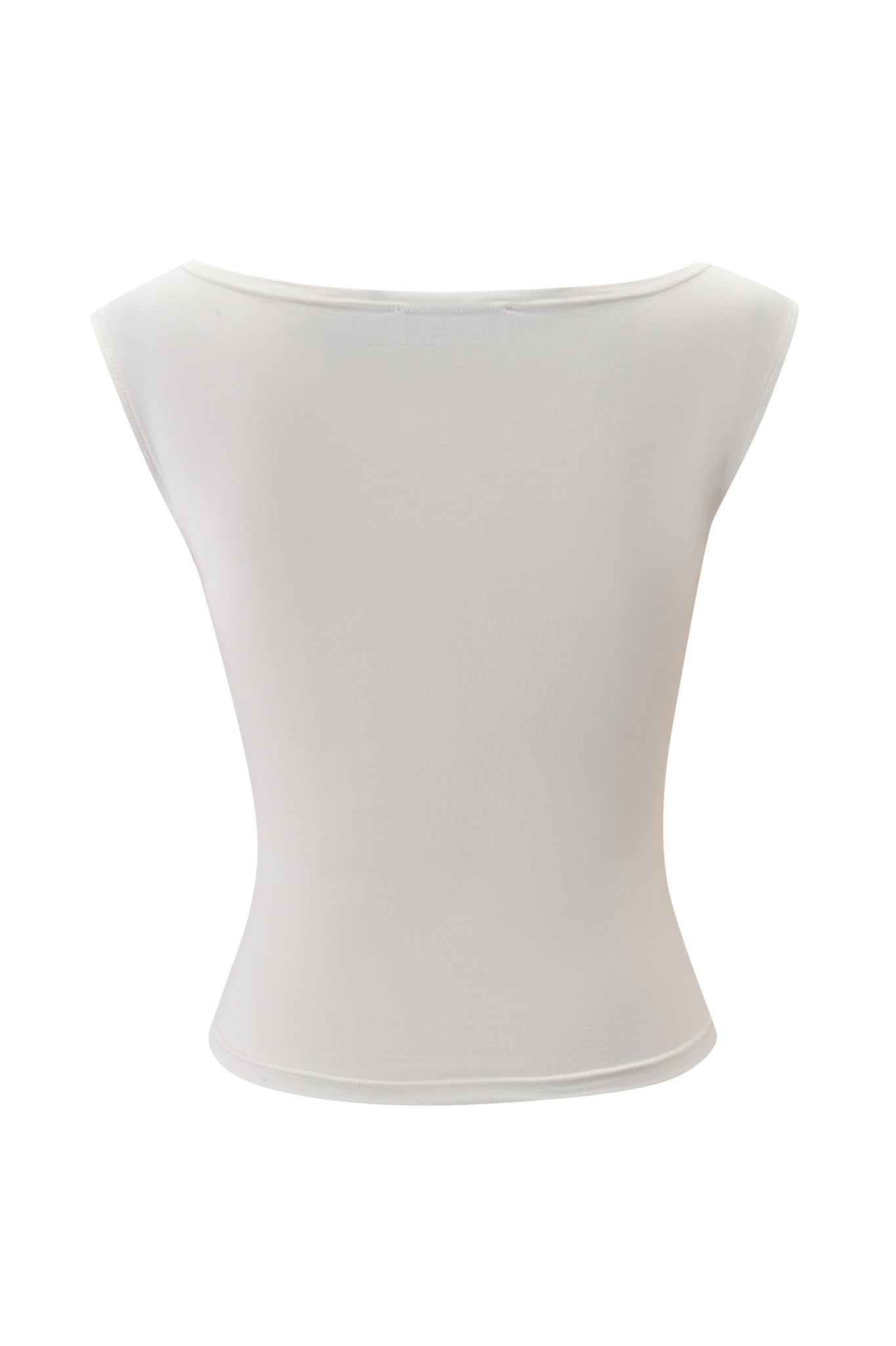 The ASHA TOP by I.AM.GIA is a cream, sleeveless fitted top featuring a wide neckline and subtle ruched detail, shown from the back against a plain white background.
