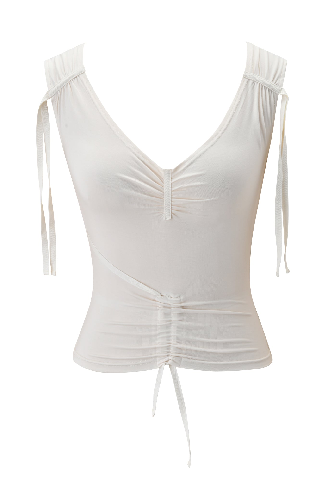 The ASHA TOP - CREAM by I.AM.GIA is a white sleeveless V-neck top with gathered shoulder and center details, adjustable tie straps, and a front waist ruched drawstring.