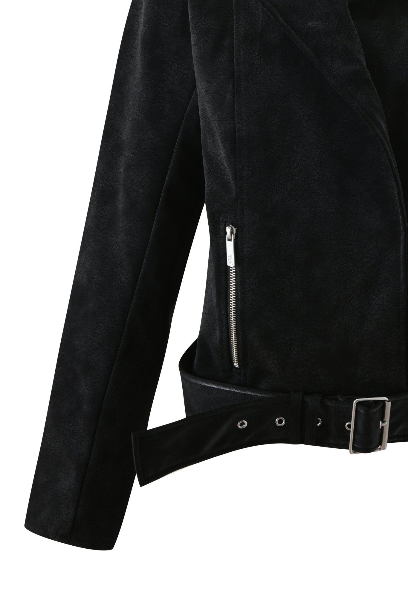 A close-up of the I.AM.GIA ANDROMEDA JACKET - BLACK, featuring one long sleeve, a silver zipper pocket, and a matching belted waist with a silver buckle.