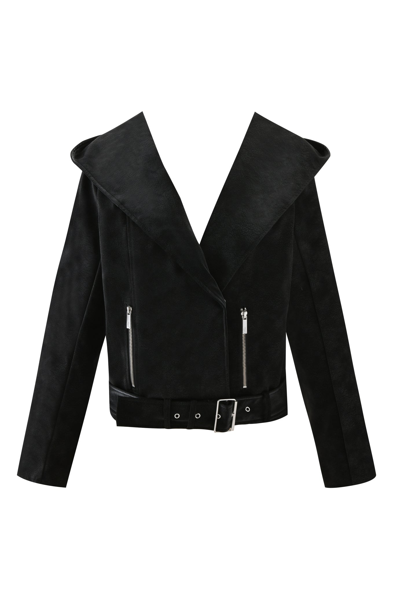 The ANDROMEDA JACKET - BLACK by I.AM.GIA features black faux leather, wide lapels, asymmetrical front zip, two side zip pockets, long sleeves, and a matching waist belt with a silver buckle.