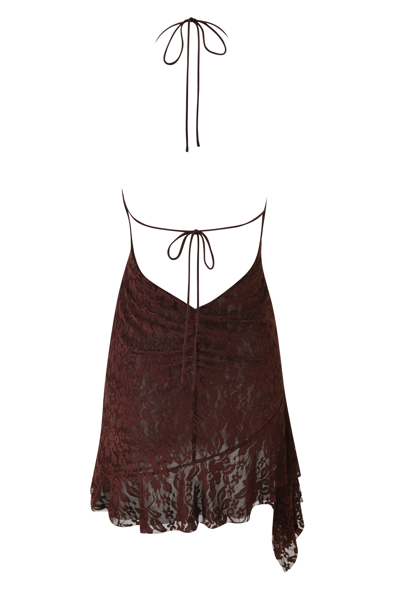 The I.AM.GIA VIRA LACE HALTER RUFFLE MINI DRESS in Chocolate features a plunging neckline, semi-sheer floral lace overlay, handkerchief hem, open back with halter and tie straps, plus ruffled edges for extra charm.