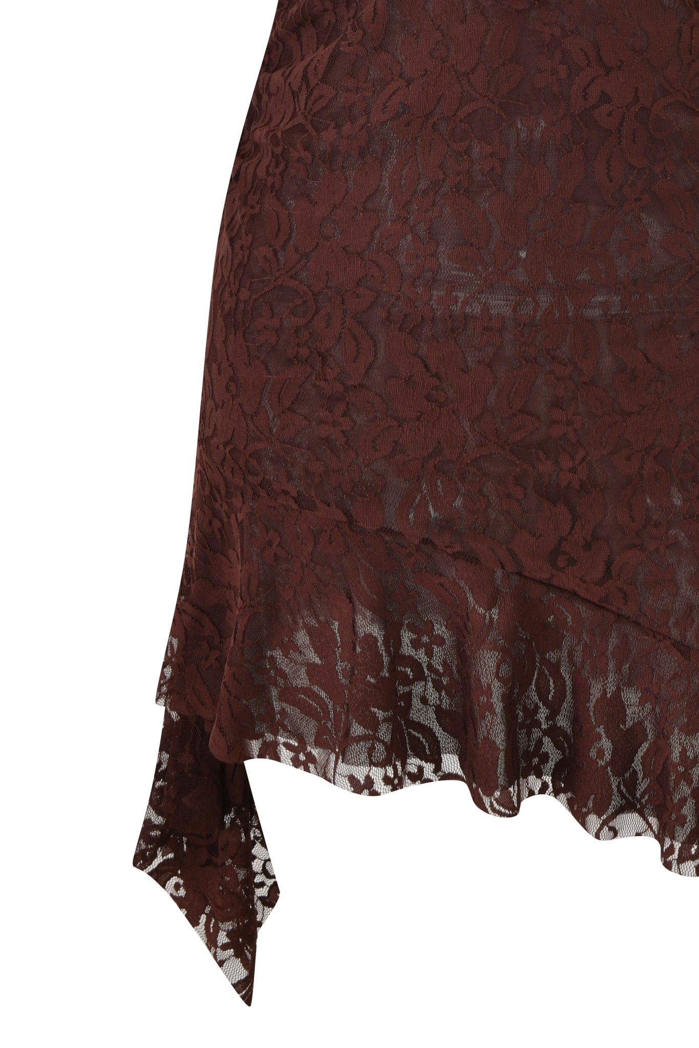 Close-up of the I.AM.GIA VIRA LACE HALTER RUFFLE MINI DRESS in chocolate brown, featuring floral lace and an asymmetrical ruffled hem—ideal for making a statement or accenting your bold style.