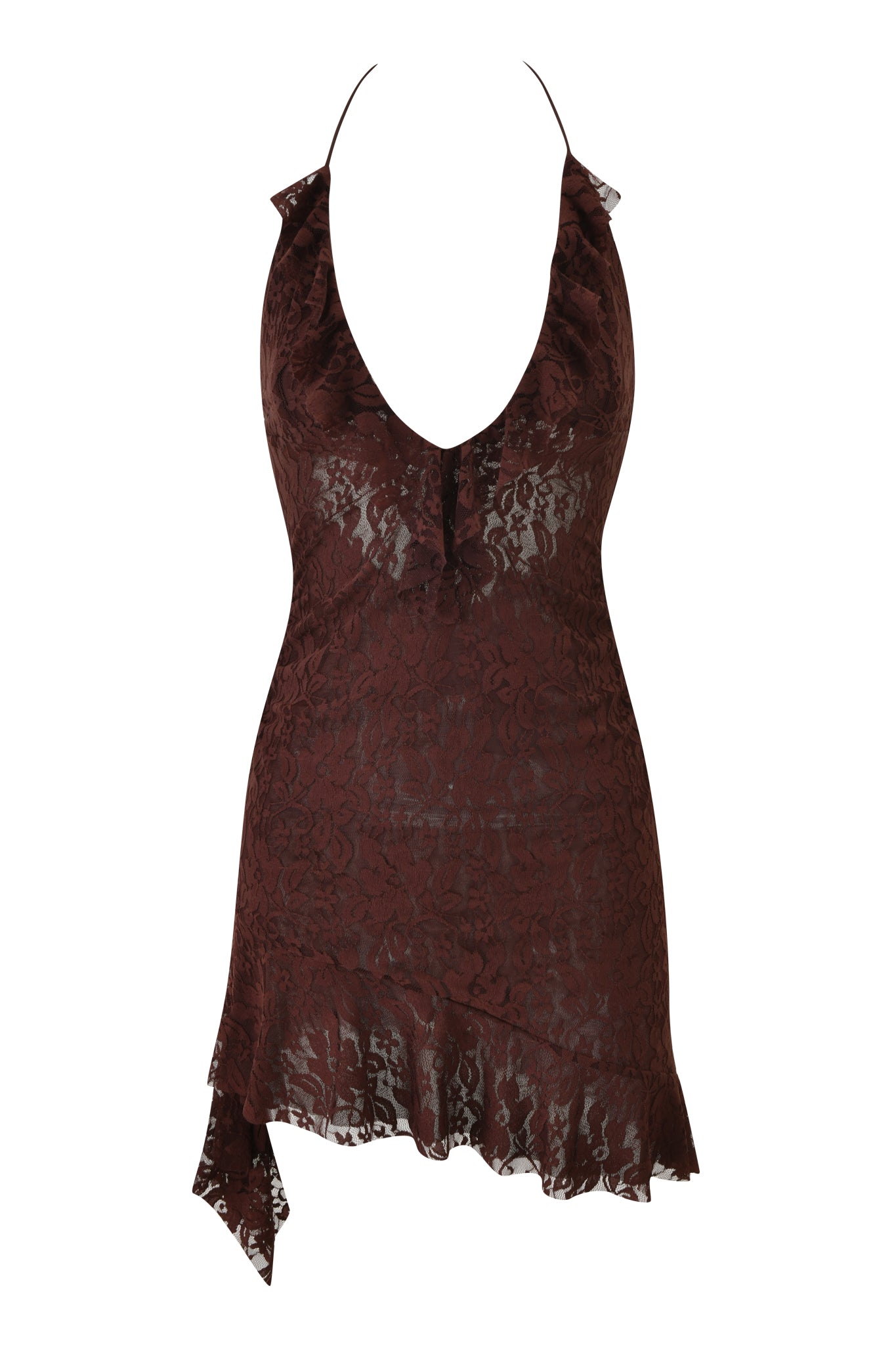 The I.AM.GIA VIRA LACE HALTER RUFFLE MINI DRESS in Chocolate is a sleeveless, brown lace bodycon mini dress with a plunging neckline, halter neck, and an asymmetrical ruffled hem.