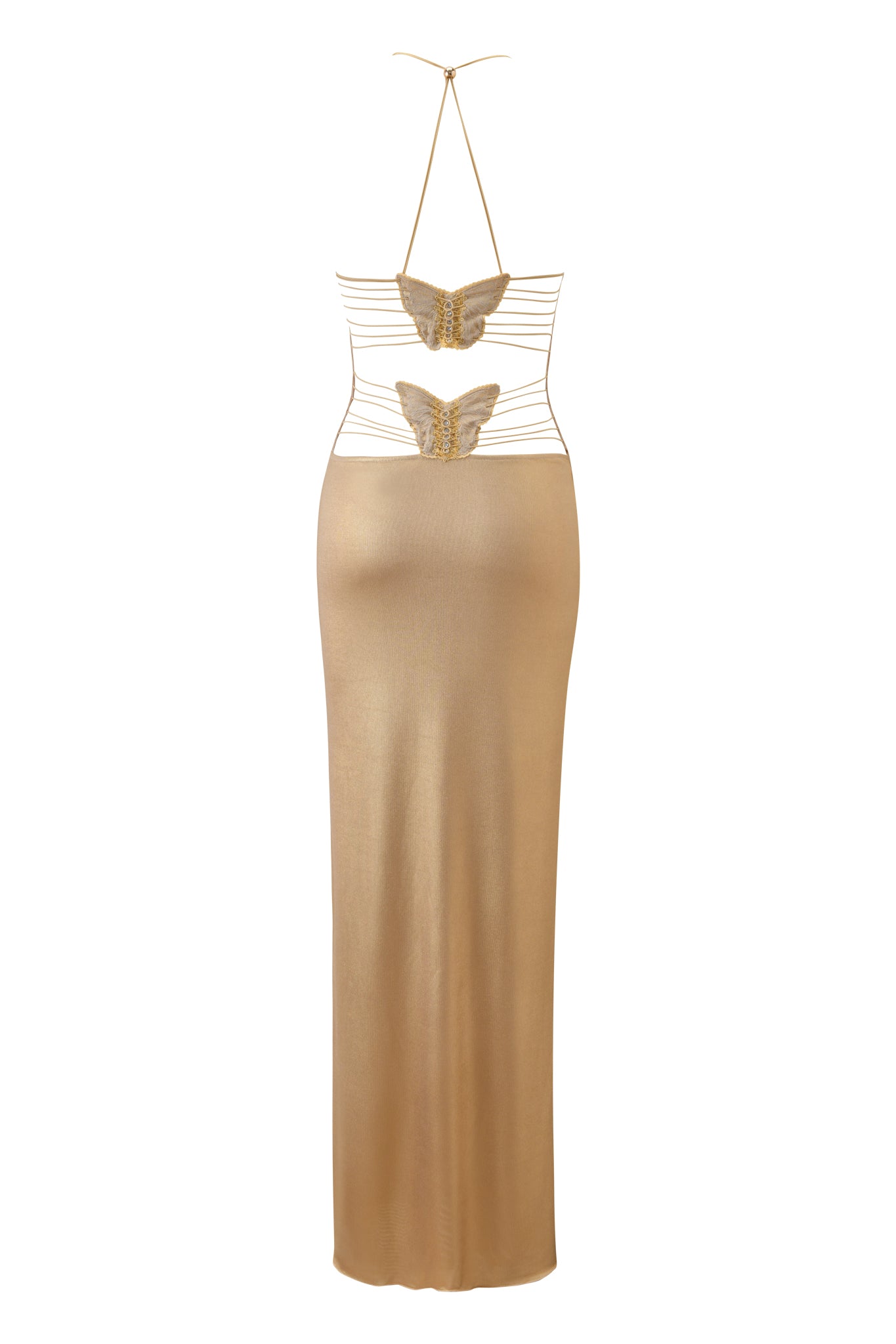 The ELLERY MAXI DRESS - GOLD by I.AM.GIA is a gold halter neck dress featuring a mesh floor-length skirt and corset-style bodice with gold butterfly appliqués and horizontal straps for a striking look.