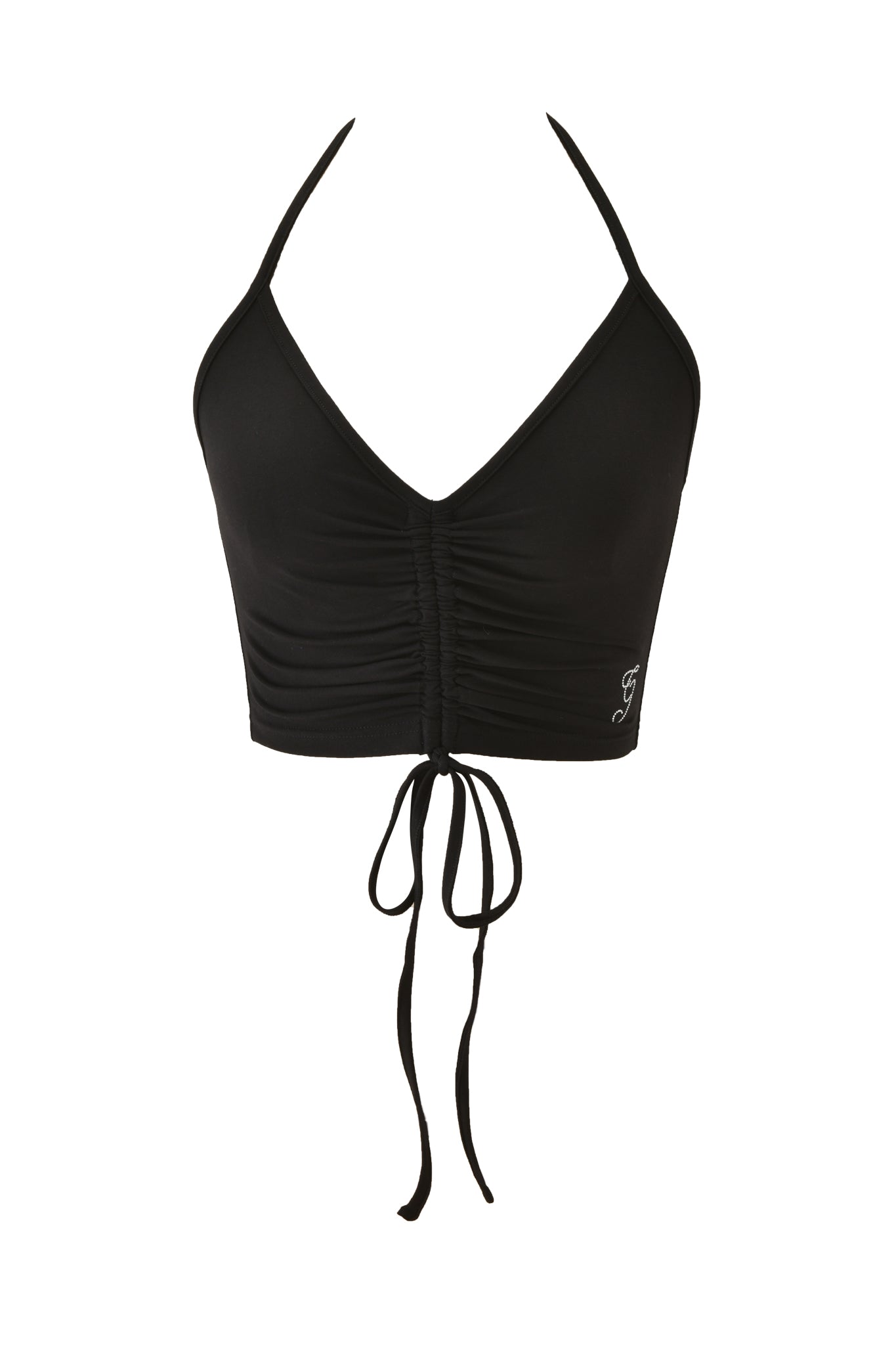 The I.AM.GIA HALO TOP - SOLID BLACK is a bodycon halterneck crop top with a ruched center, adjustable front drawstring, and made from soft bamboo jersey, shown on a plain white background.