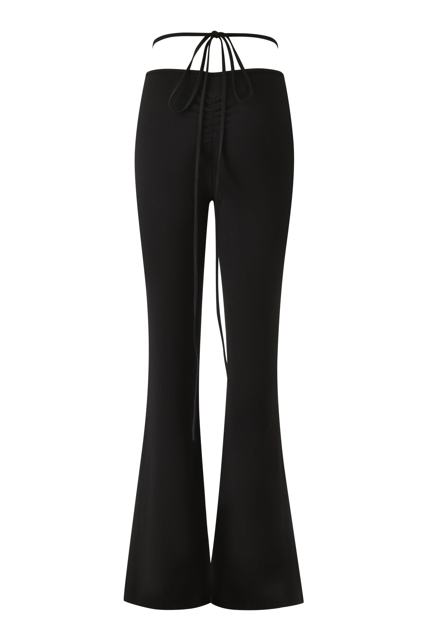 The HALO PANT - SOLID BLACK by I.AM.GIA features a wrap-around waist with tie-up strings at the back, a slim fit through the thighs, and flared hems. Displayed against a white background.