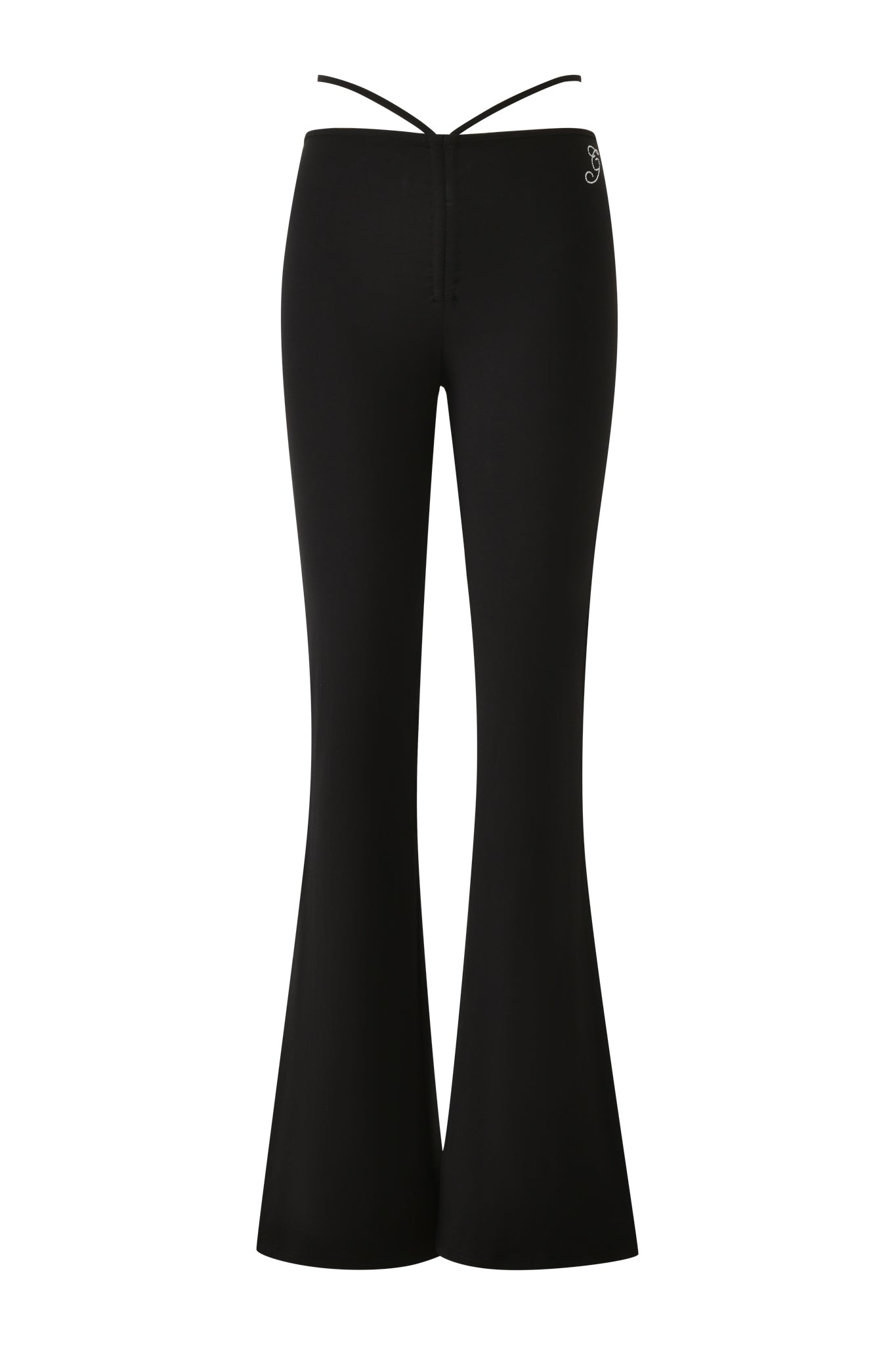 The HALO PANT - SOLID BLACK by I.AM.GIA features a high waist, fitted thighs, a thin tie string at the waistband, and a wide-leg bell-bottom silhouette for a chic retro look.