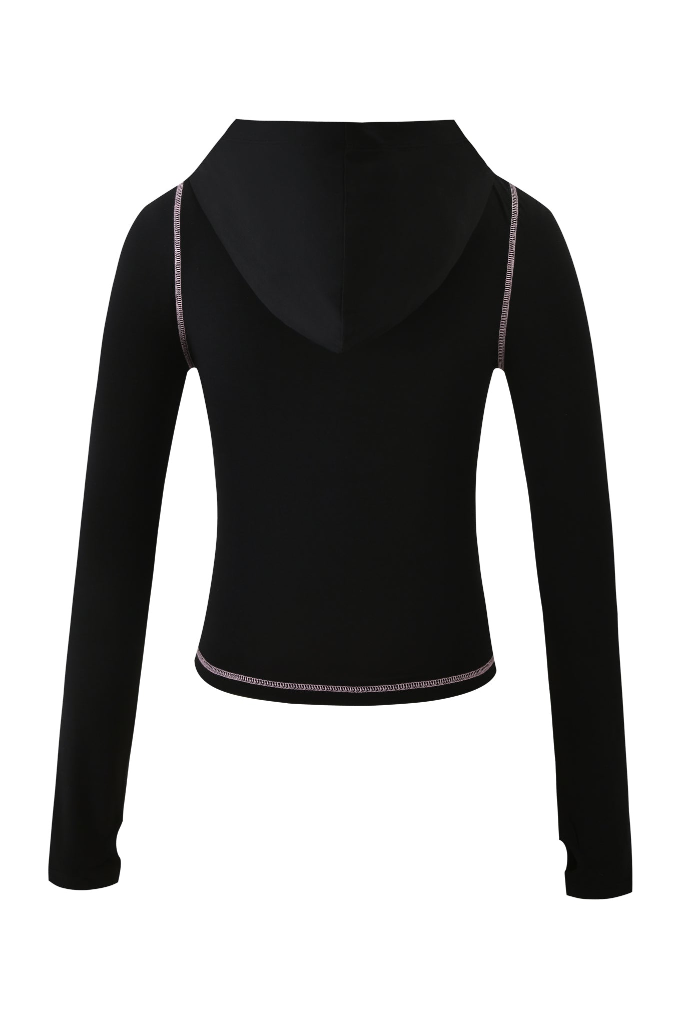 Back view of the I.AM.GIA FAFI BLARE HOODIE - BLACK, showcasing a fitted shape, visible hood, and contrasting light stitching at the shoulder seams and hem. Part of the exclusive Fafi collaboration collection.