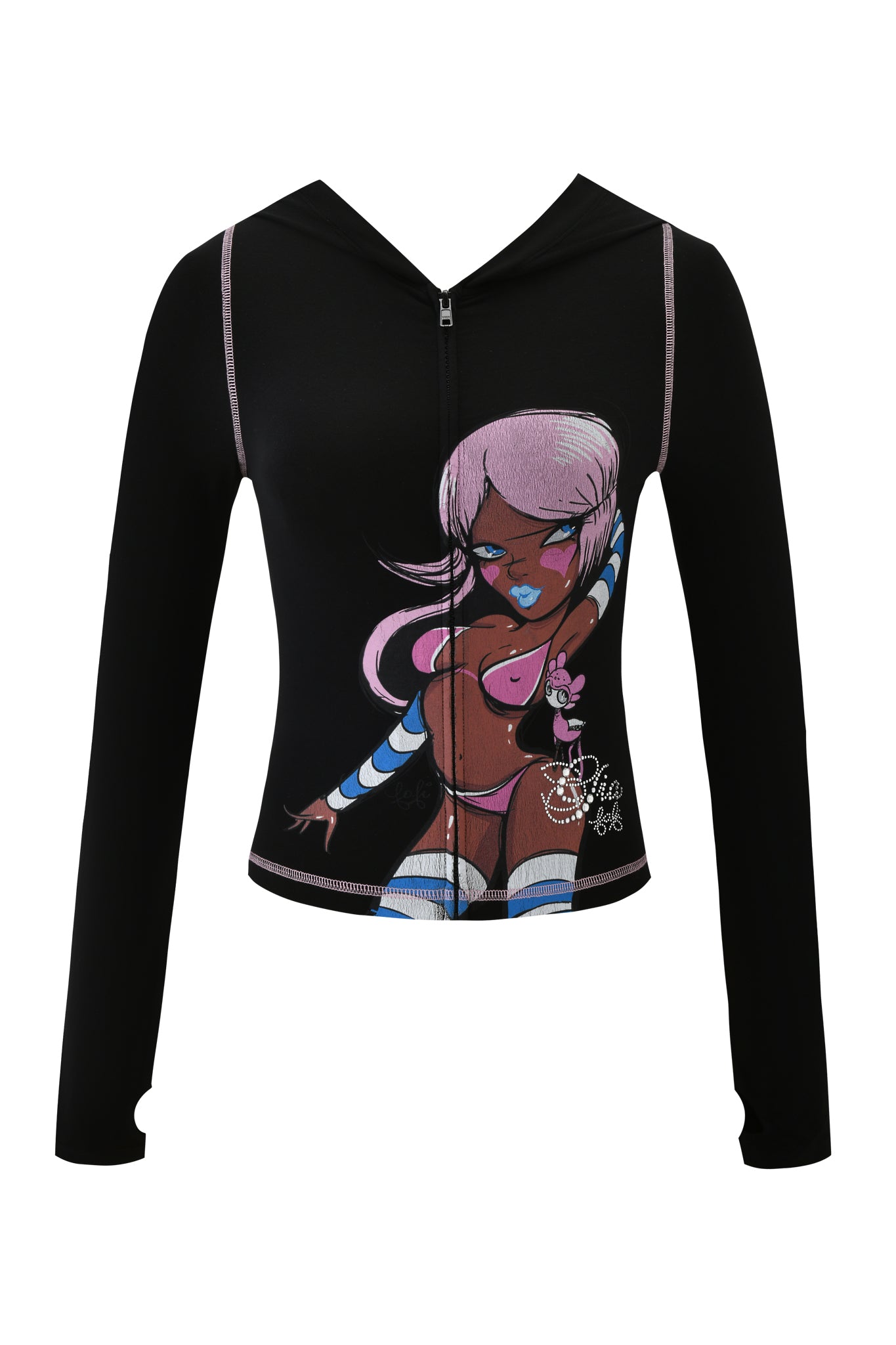The I.AM.GIA FAFI BLARE HOODIE - BLACK is a bold zip-up hoodie with long sleeves, showcasing a colorful cartoon-style woman graphic on the front from the brand's Fafi collaboration.