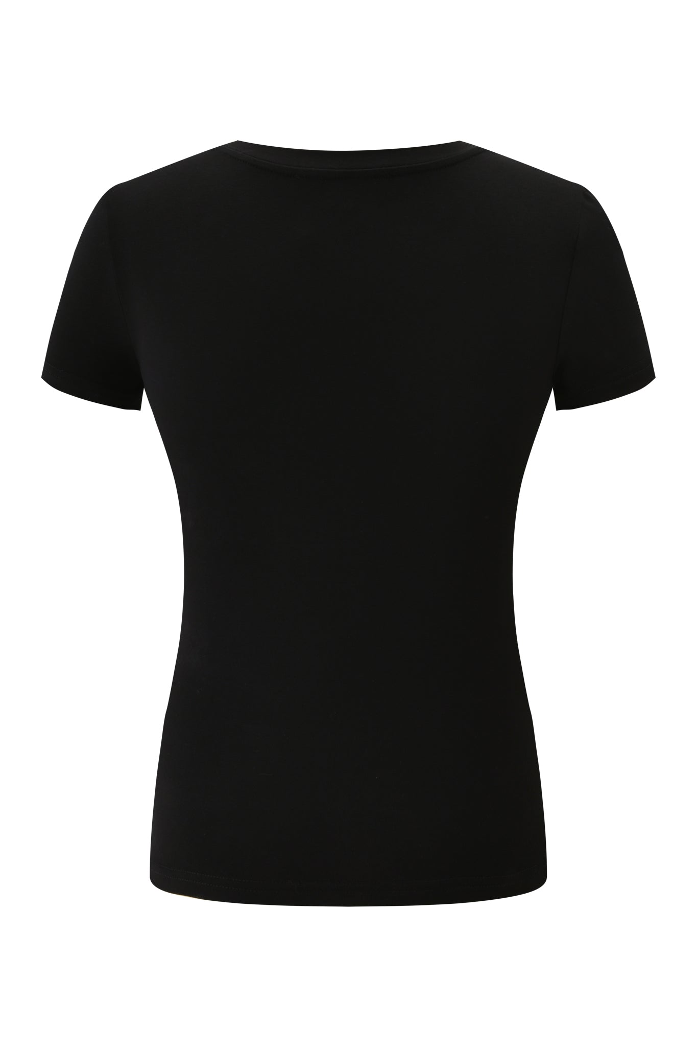 The POLINA AVOIDANT TEE - BLACK by I.AM.GIA is displayed from the back, featuring a plain black fitted design with short sleeves against a white background.