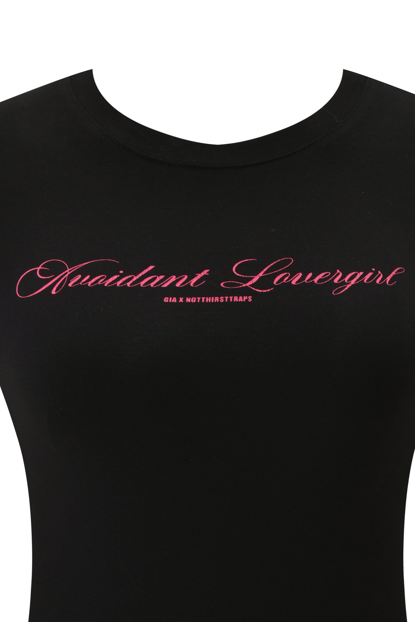 Close-up of the I.AM.GIA POLINA AVOIDANT TEE in black, featuring pink script text that reads "Guidant Lovergirl" with smaller text below saying “GIA X NOTHINSTRAPS.”.