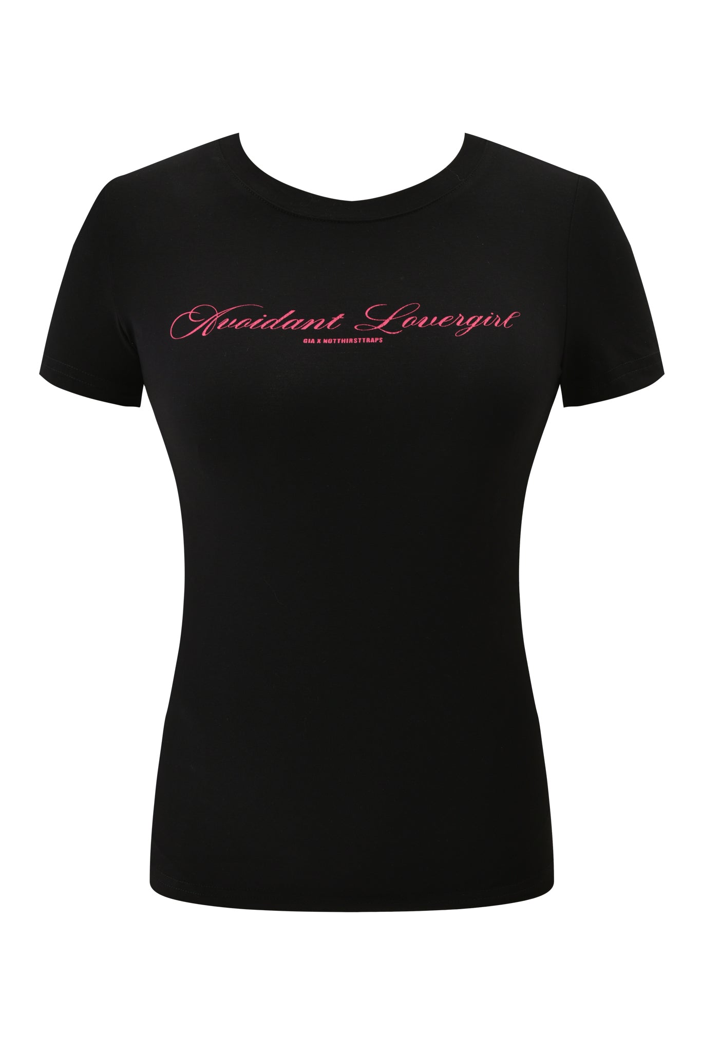 The I.AM.GIA POLINA AVOIDANT TEE - BLACK is a fitted baby tee with "Occident Lovergirl" and "MIA @ INTERVIEWSHOP" in pink and white cursive on the chest, shown against a plain white background.