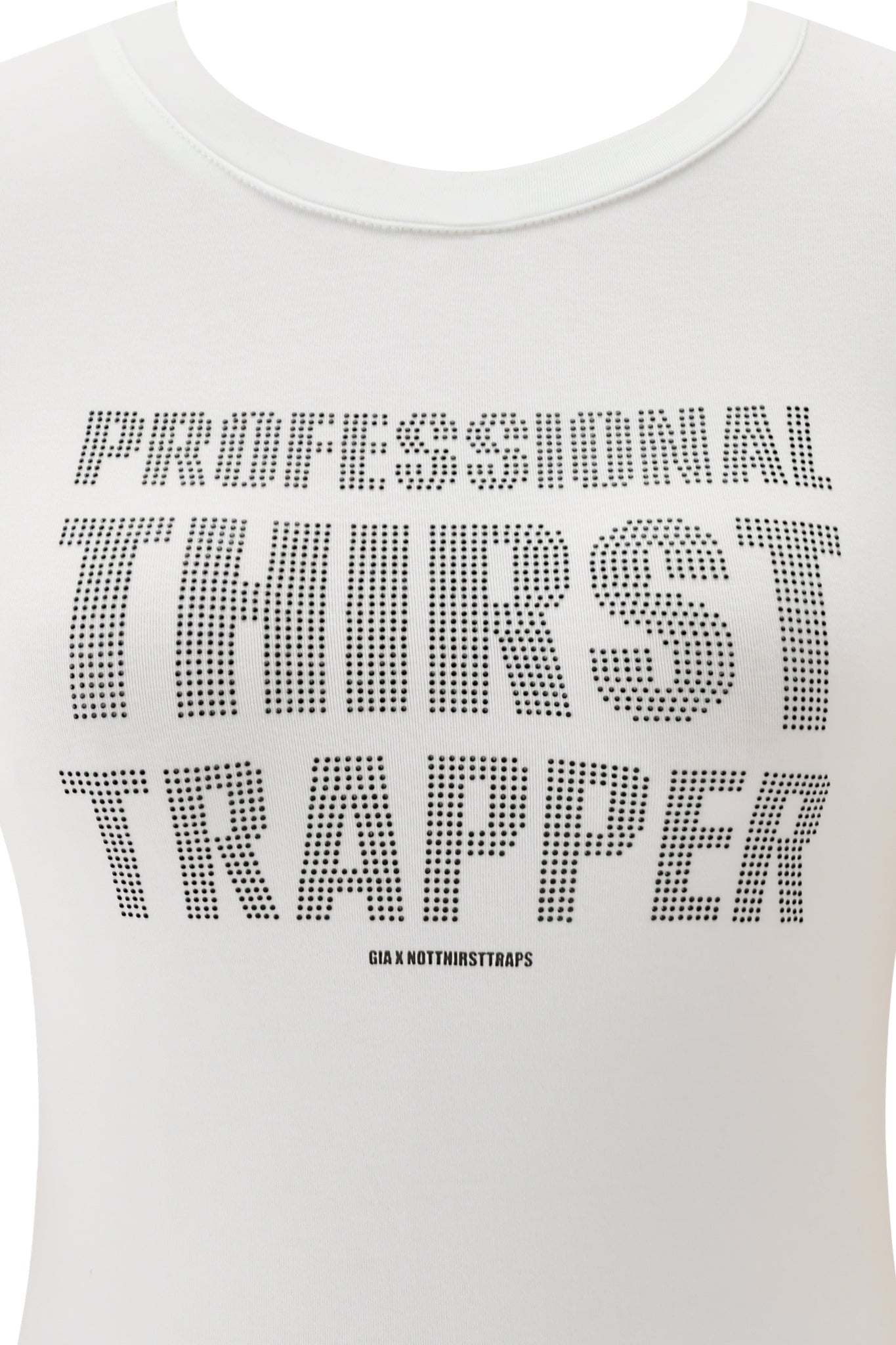 The I.AM.GIA POLINA THIRSTY TEE in white is a soft cotton jersey fitted t-shirt, featuring “PROFESSIONAL THIRST TRAPPER” in bold black dotted text across three lines, with “THIRST TRAPPER” enlarged.