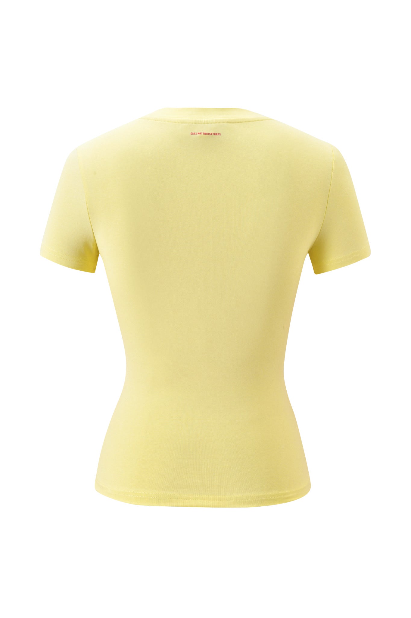 The I.AM.GIA POLINA TEE - PUNISHMENT is a fitted yellow baby tee with short sleeves, shown from the back on a white background. A subtle line of red text near the neckline adds graphic detail.