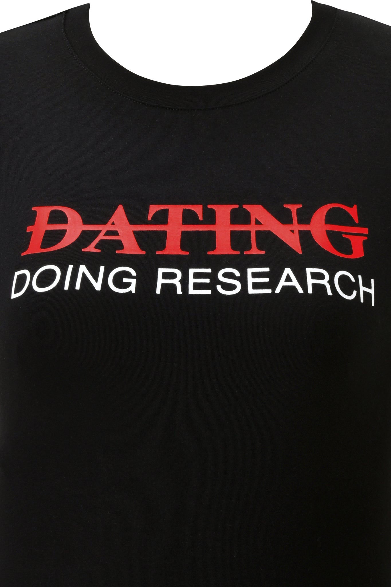 The I.AM.GIA POLINA TEE - RESEARCH is a black graphic tee with "DATING" in red, crossed out, and "DOING RESEARCH" boldly printed in white underneath.