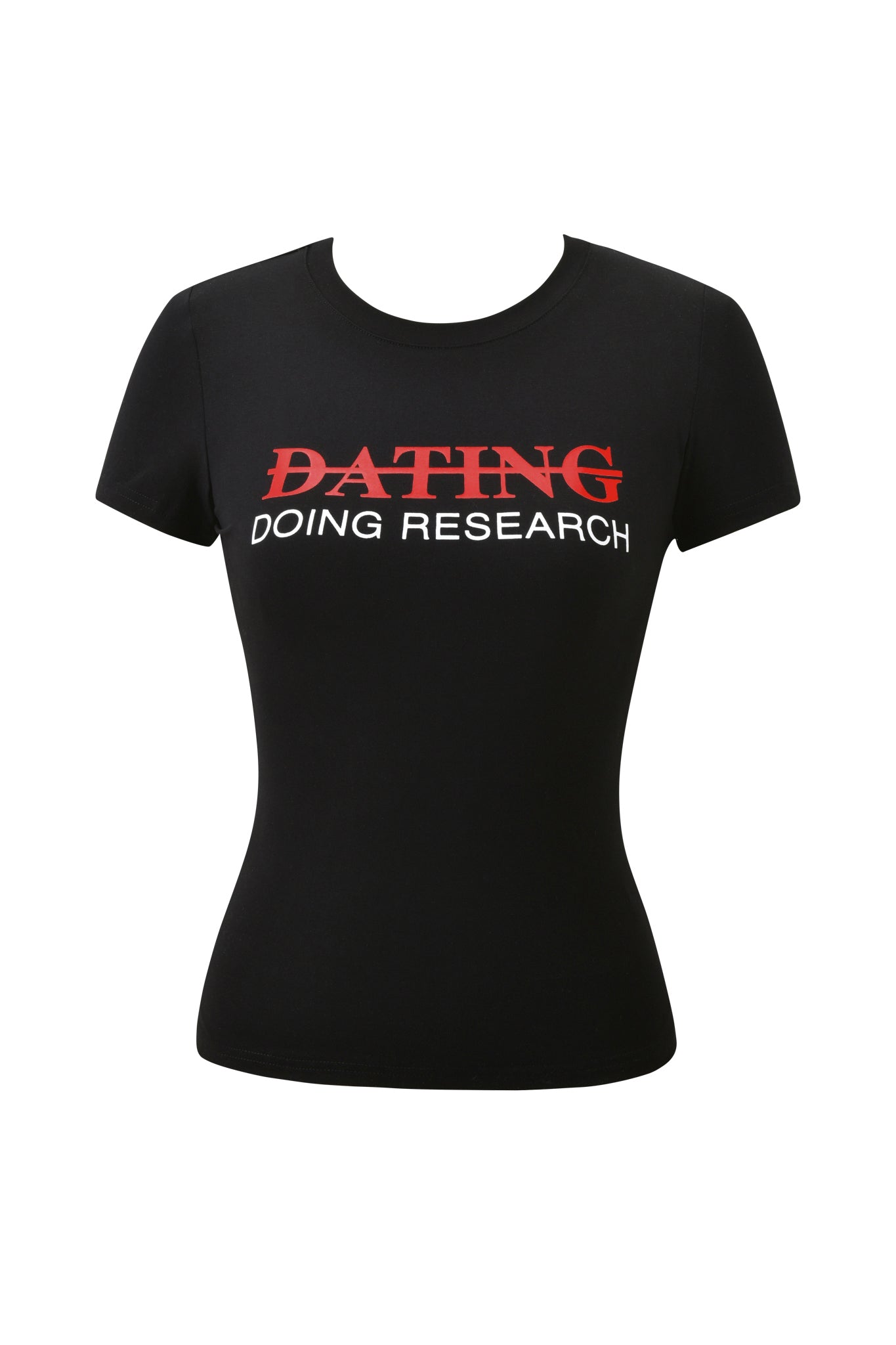 The POLINA TEE - RESEARCH by I.AM.GIA is a black graphic tee with "DATING" crossed out in red and "DOING RESEARCH" beneath—a bold statement piece for your wardrobe.