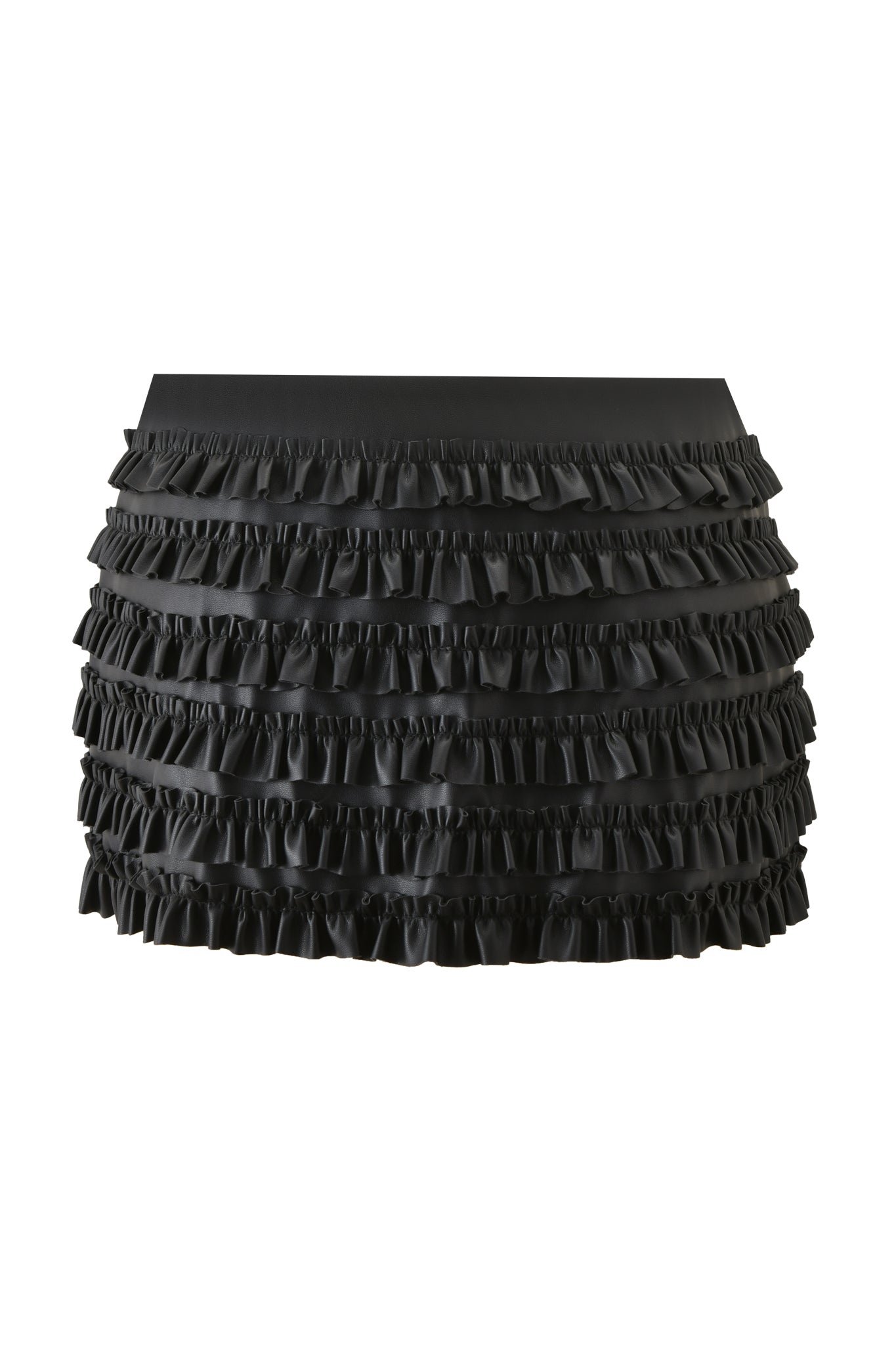 The RIVA MICRO MINI SKIRT - BLACK by I.AM.GIA is a black faux leather mini skirt with multiple ruffled layers and a fitted waistband, bringing a chic, playful edge and voluminous texture to any outfit.