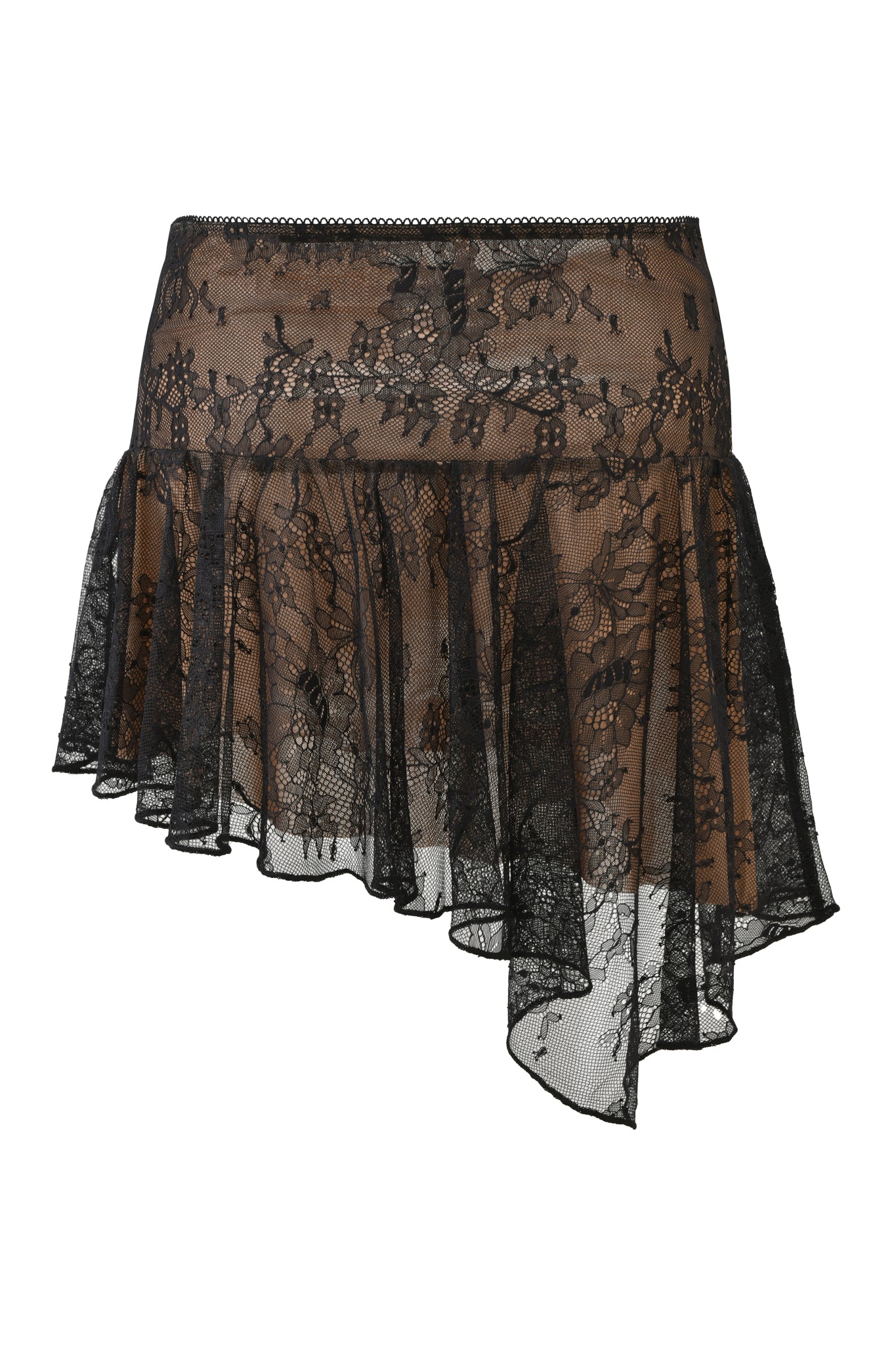 The STEVIE SKIRT - BLACK by I.AM.GIA is a black lace asymmetrical, low-rise skirt with a sheer floral overlay, high-low hemline, and visible nude lining, shown against a white background.