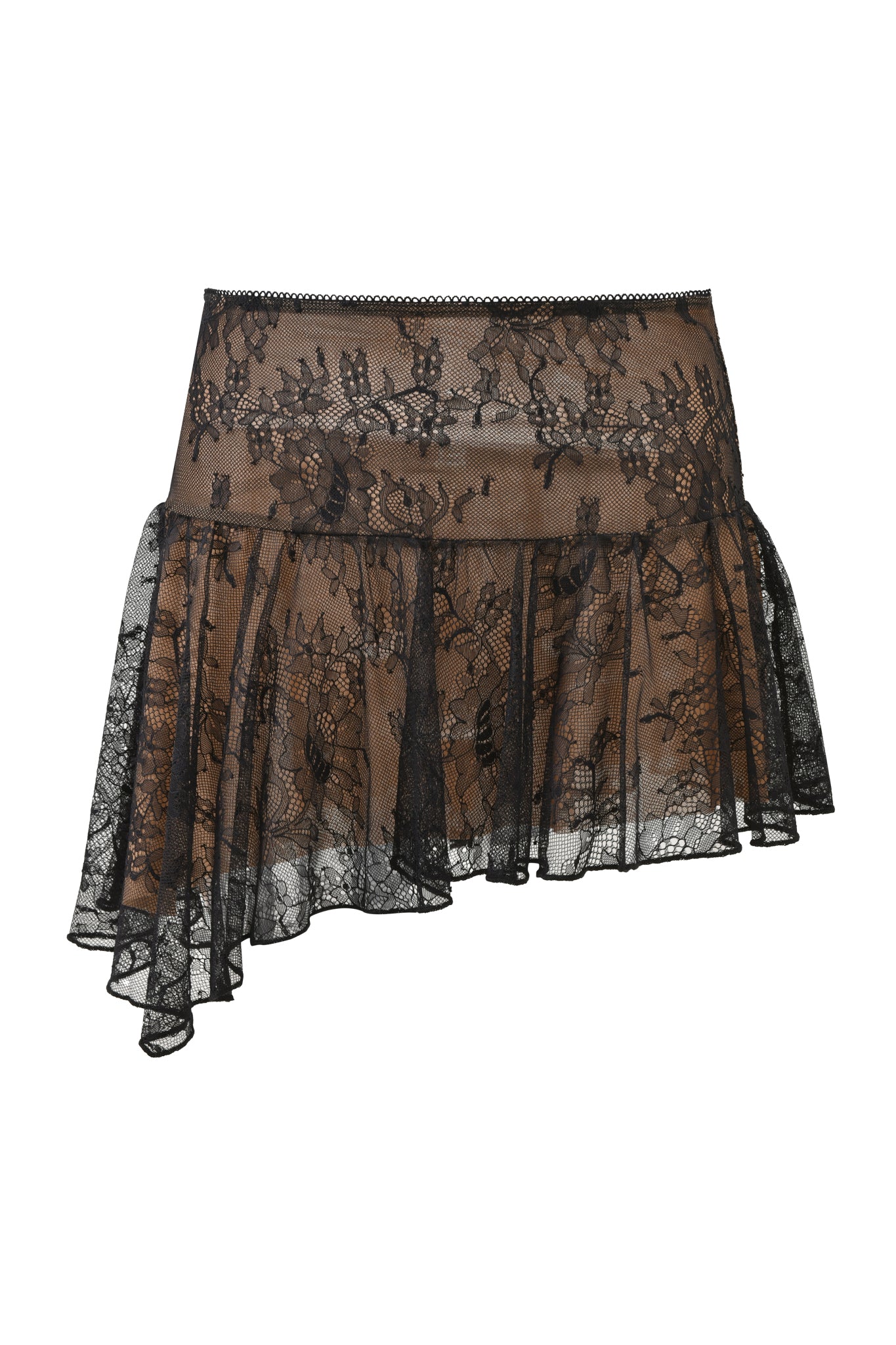 The STEVIE SKIRT by I.AM.GIA is a black, floral lace micro mini with an asymmetrical sheer overlay, nude lining, and flared hem for a chic look.
