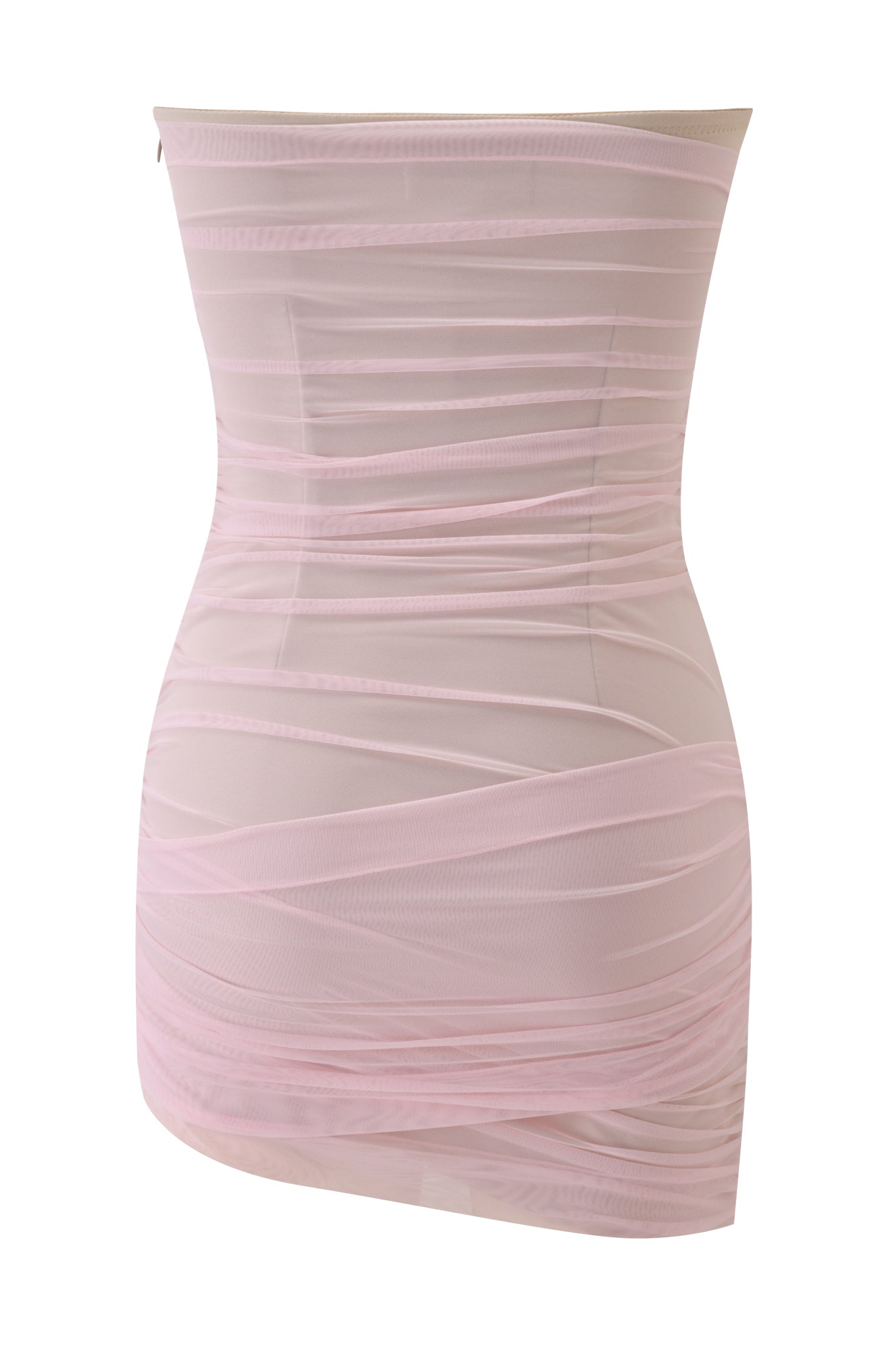 The I.AM.GIA LARK MINI DRESS in pink features sheer, ruched tulle layers for a wrapped look, a fitted strapless silhouette, and an asymmetrical hem. Displayed on a plain white background.