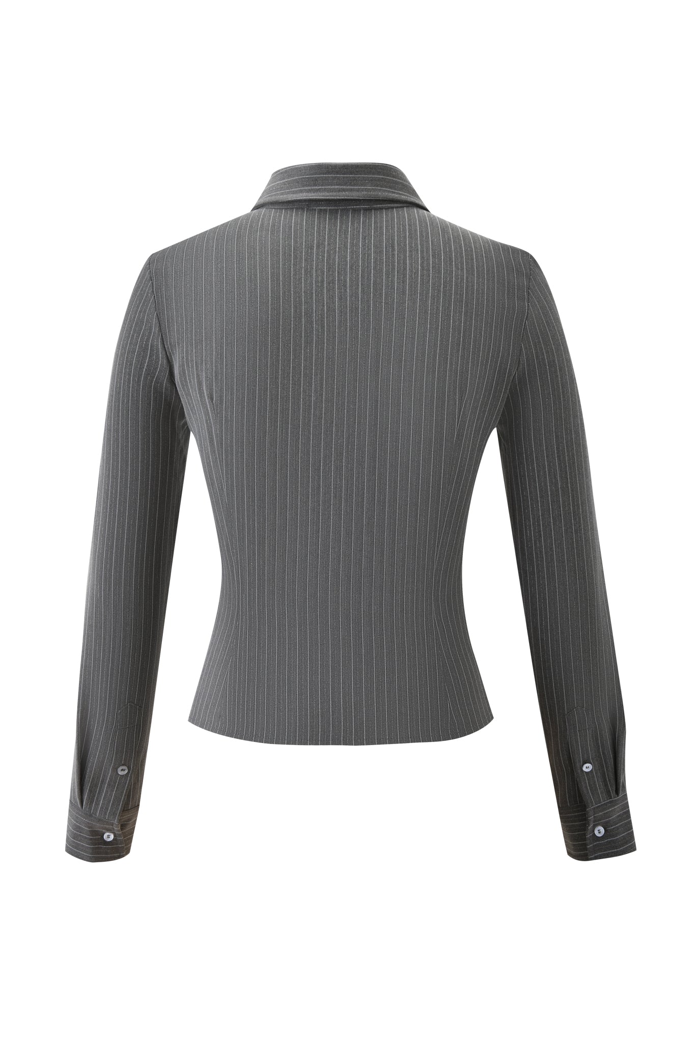 The MONICA SHIRT - GREY PINSTRIPE by I.AM.GIA features a tailored, fitted design with subtle white pinstripes, buttoned cuffs, and a classic collar. Seen from the back.