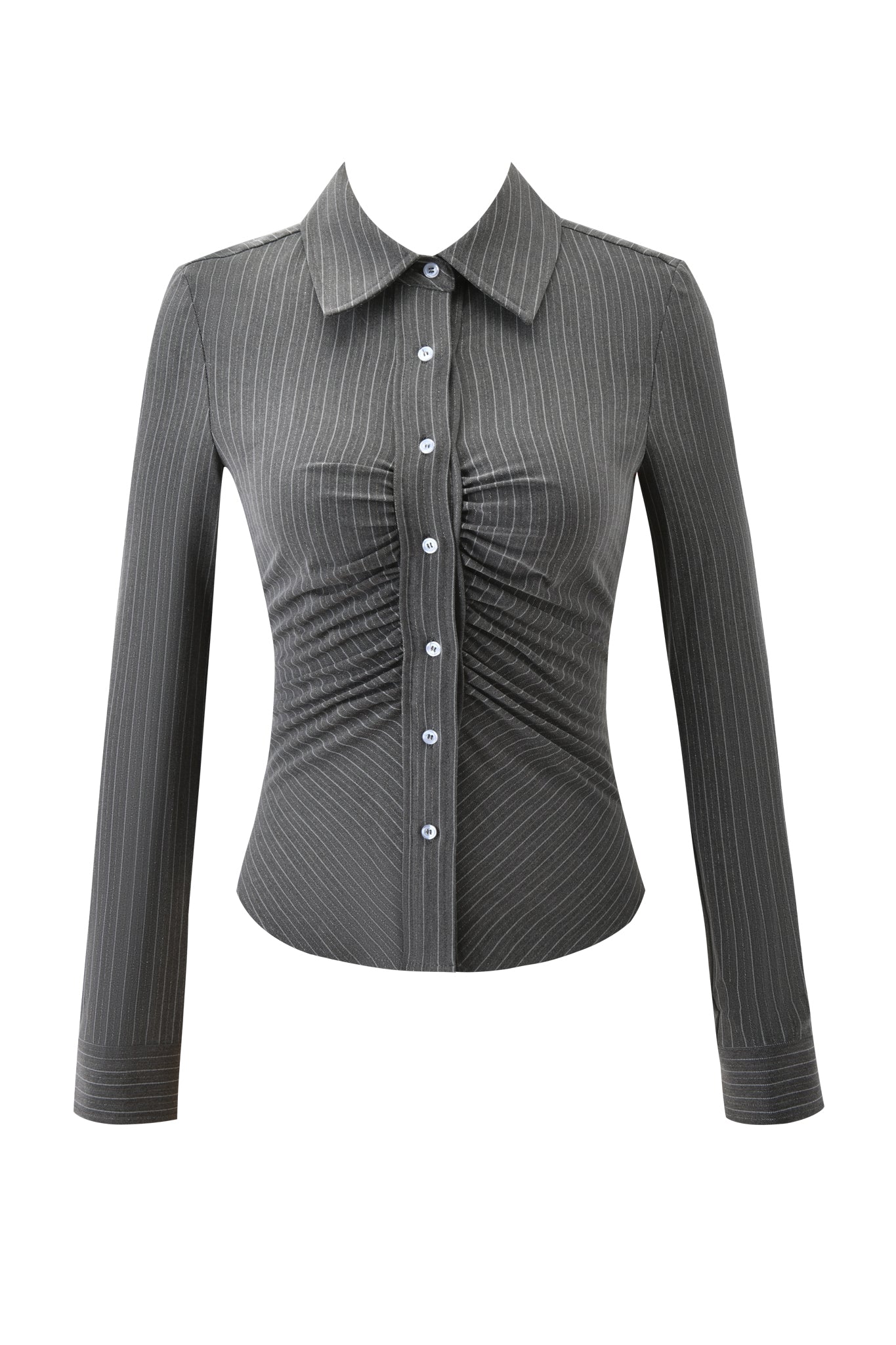 The MONICA SHIRT - GREY PINSTRIPE by I.AM.GIA features long sleeves, a pointed collar, front buttons, pinstripe pattern, and ruched waist detailing for a tailored fit. Displayed on a white background.
