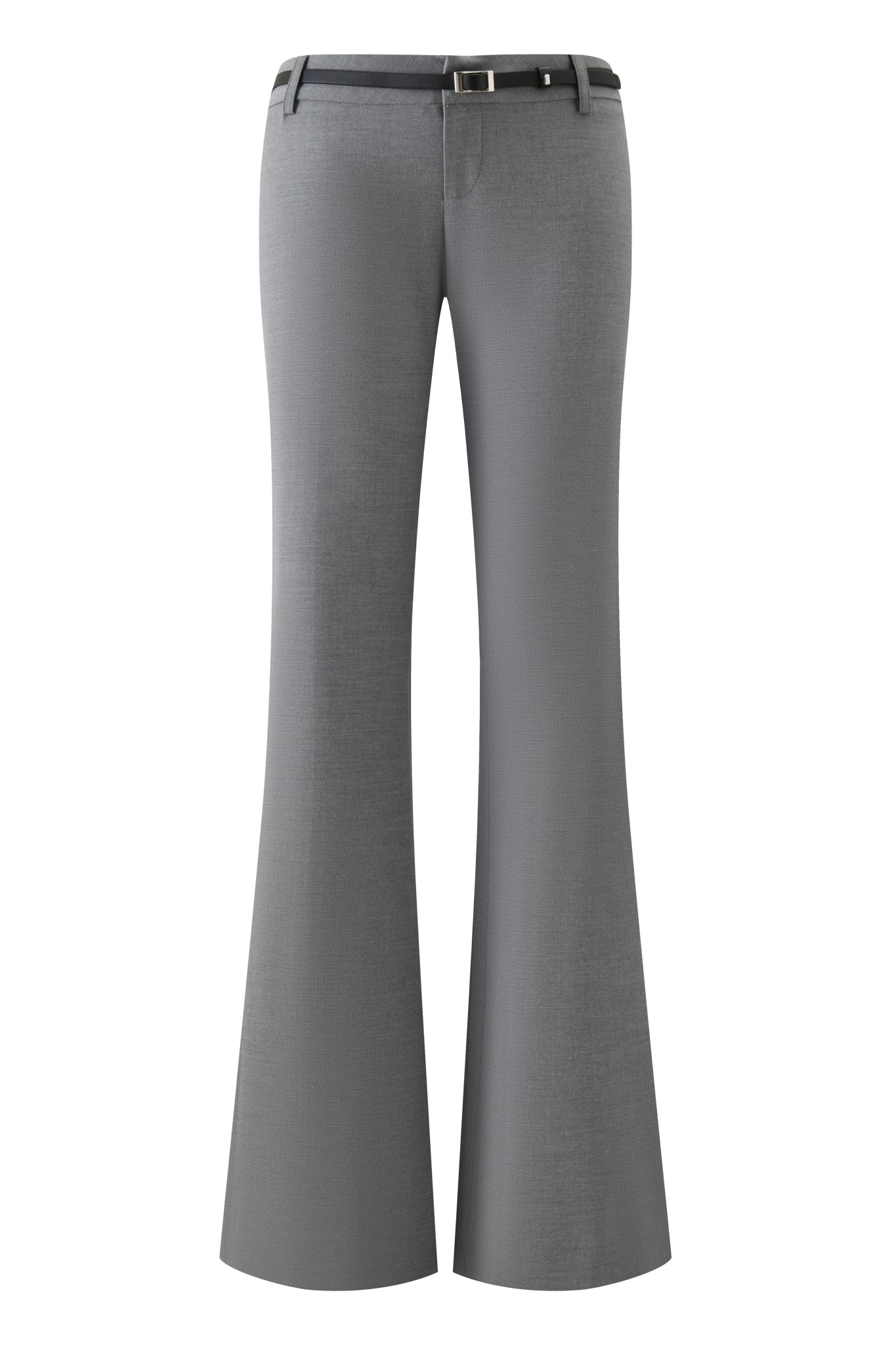 The CLARA PANT - GREY by I.AM.GIA features relaxed, straight-leg suiting with a black belt, high waist, and flared hem, shown from the back against a white background.