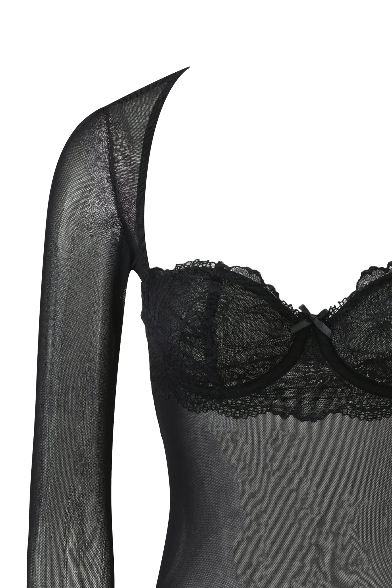 The SILO LONG SLEEVE TOP - BLACK by I.AM.GIA is styled as a sheer mesh bodysuit with one semi-transparent sleeve and detailed lace accents on the bust, shown against a white background.