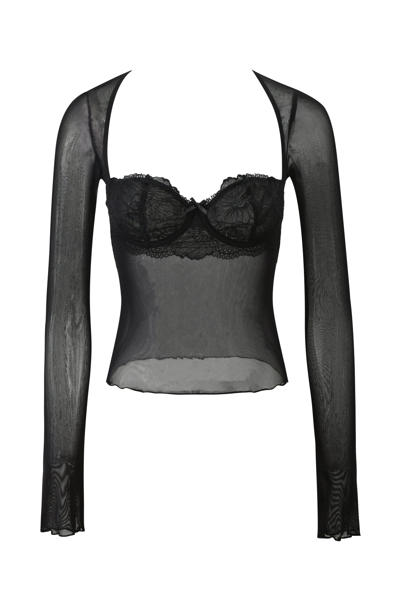 The I.AM.GIA SILO LONG SLEEVE TOP - BLACK is a sheer mesh, fitted top with lace trim and underwire bust details, offering a lightweight, edgy look perfect for layering.