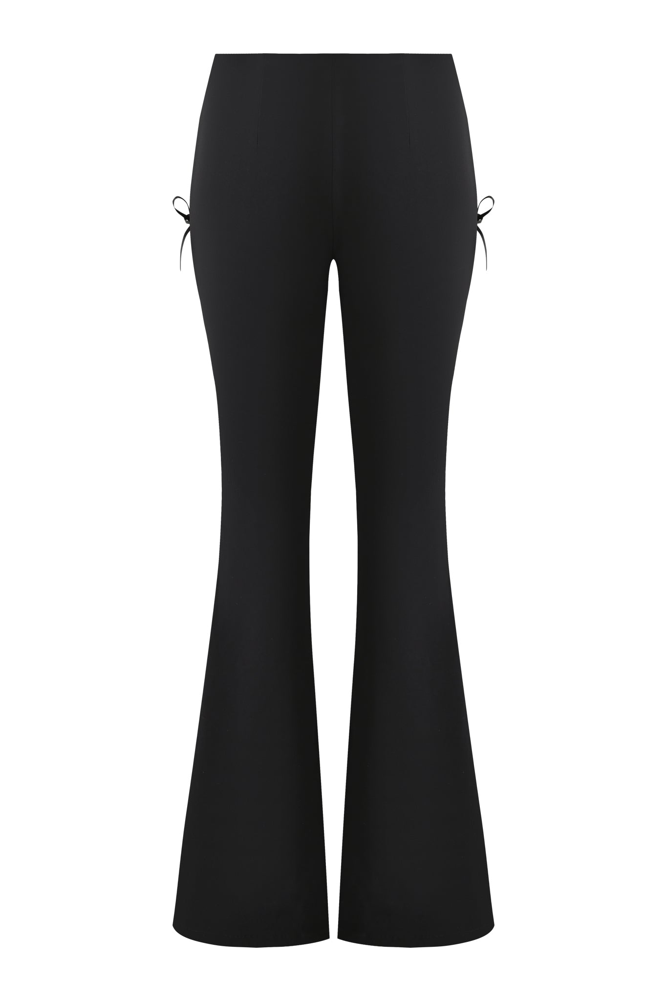 The I.AM.GIA SAMIRA PANT - BLACK features a high waist, slim fit top, subtle lace-up side detail near the hips, and dramatic wide-leg silhouette, all showcased elegantly against a plain white background.