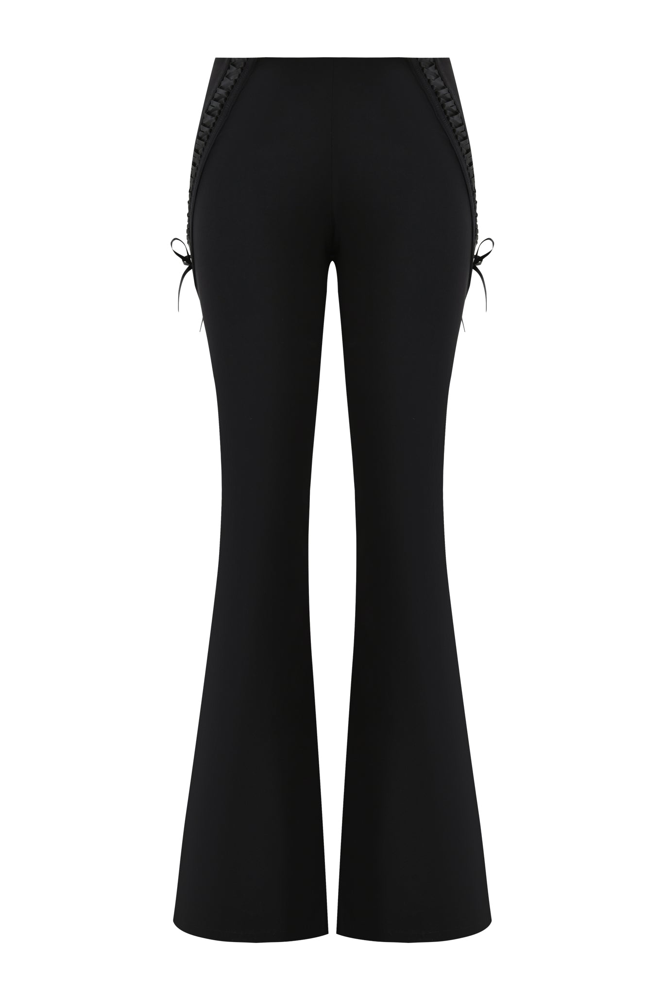 The I.AM.GIA SAMIRA PANT - BLACK features a high-waisted fit, flared legs, lace-up detailing, and side bows at the hips, shown against a plain white background.
