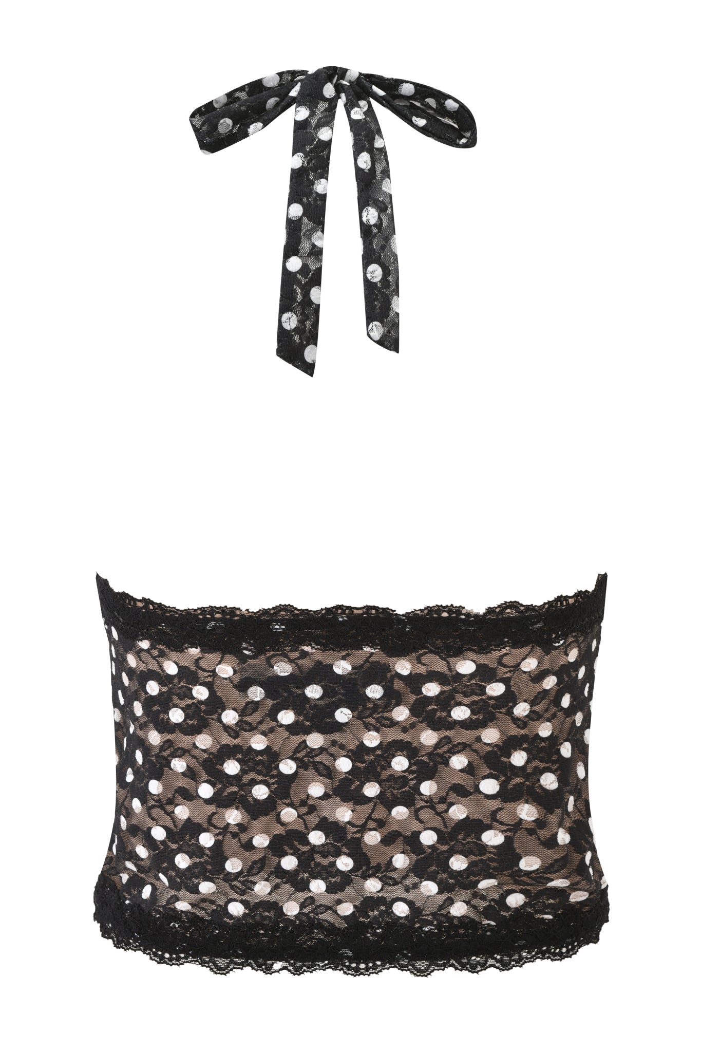 The I.AM.GIA GEM HALTER TOP in black polka dot features a lace design with a matching halter neck tie, showcased on a plain white background.