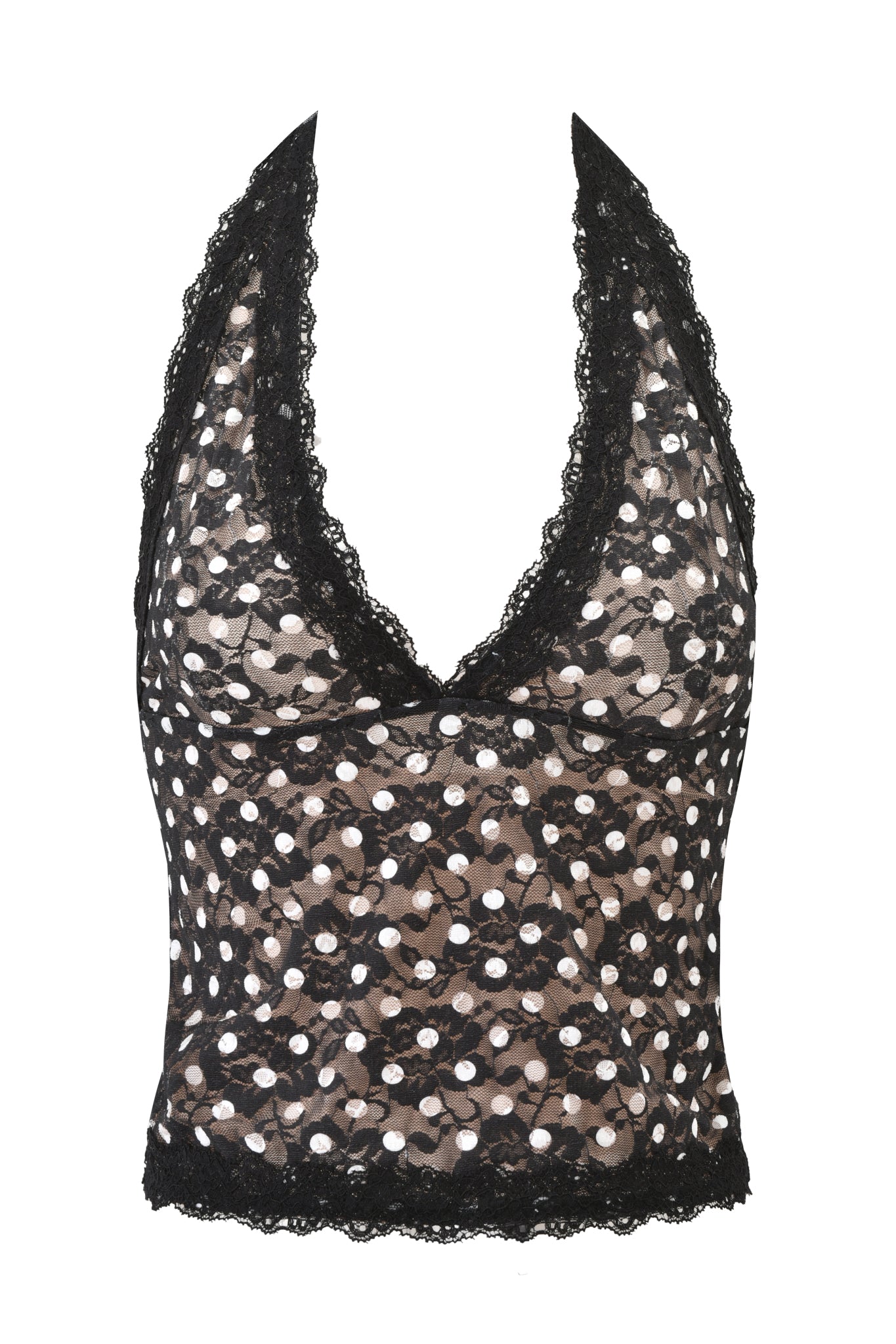 The I.AM.GIA GEM HALTER TOP in black polka dot features the brand’s signature halter style with white polka dots and a deep V-neckline adorned with scalloped lace trim.