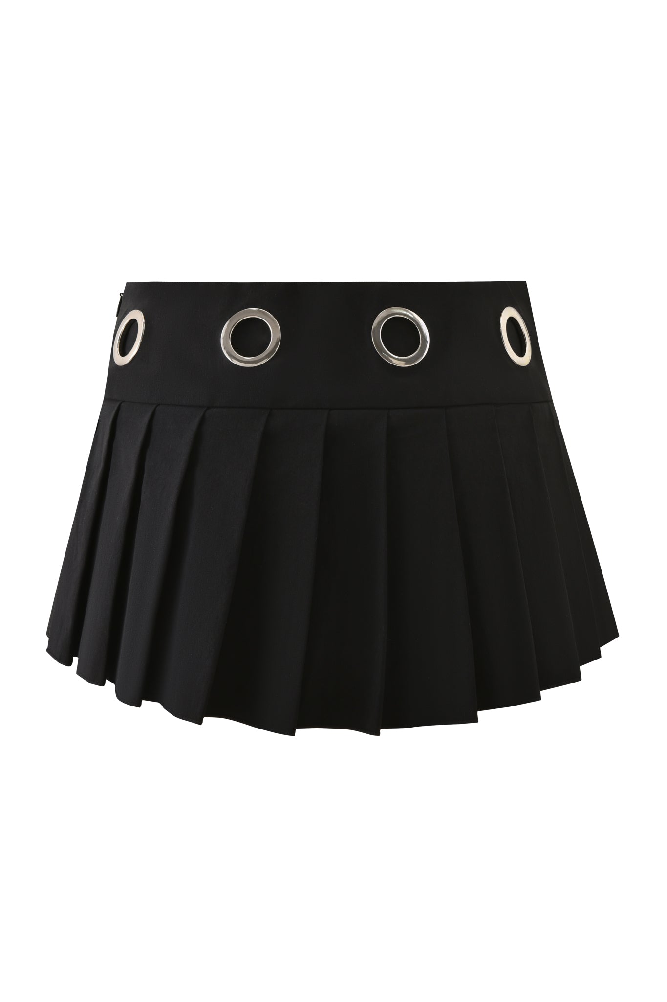 The JAYMES SKORT - BLACK by I.AM.GIA is a black pleated mini skort with bold grommet detailing at the waistband.