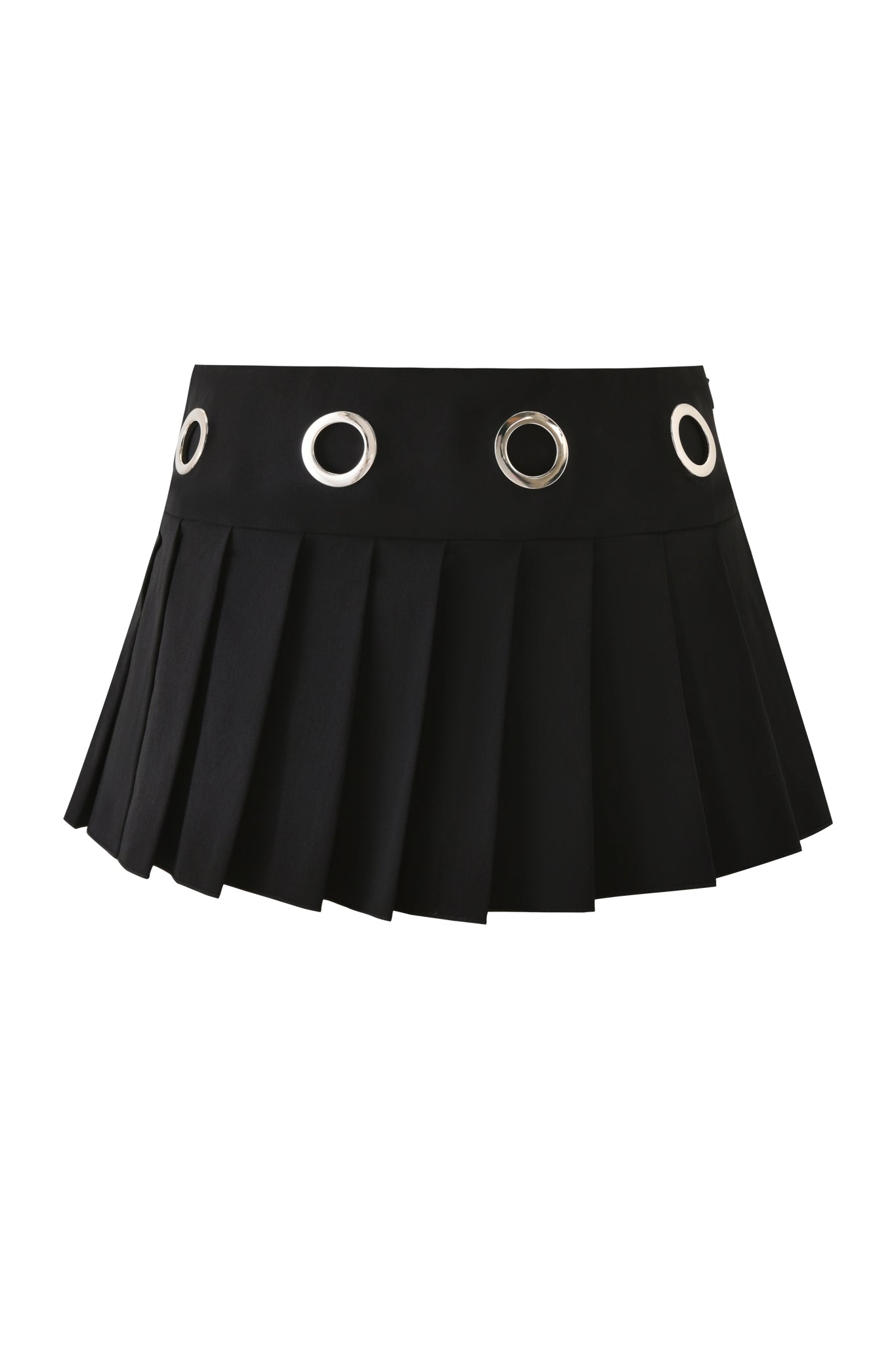 The JAYMES SKORT - BLACK by I.AM.GIA is a black pleated mini skort with bold grommet details on the waistband, adding an edgy flair to your look. Shown on a white background.
