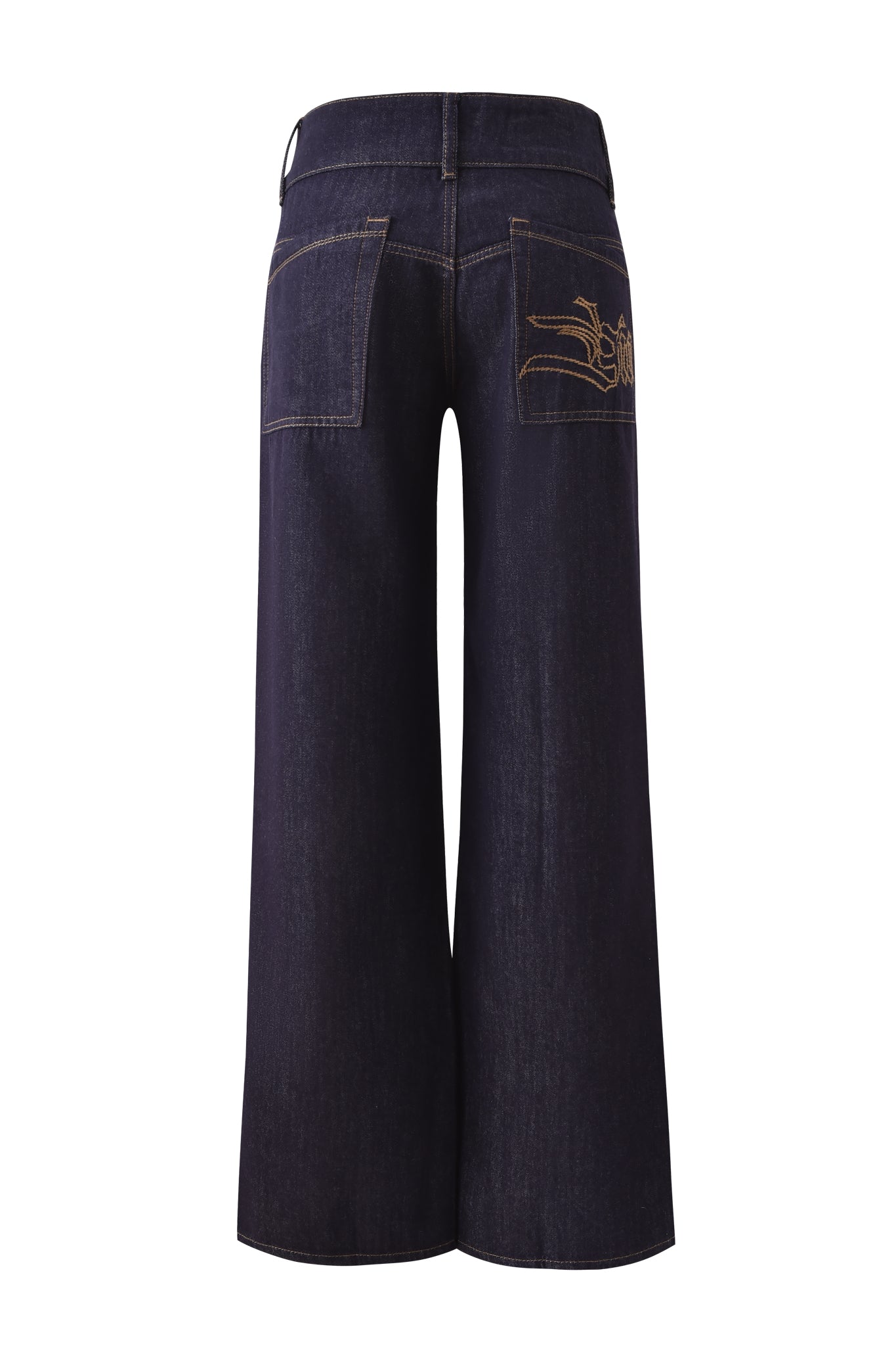 The I.AM.GIA MOXIE JEAN - INDIGO features dark blue raw denim, two large back pockets with yellow stitching on the right pocket, and slightly flared hems, as seen from the back.