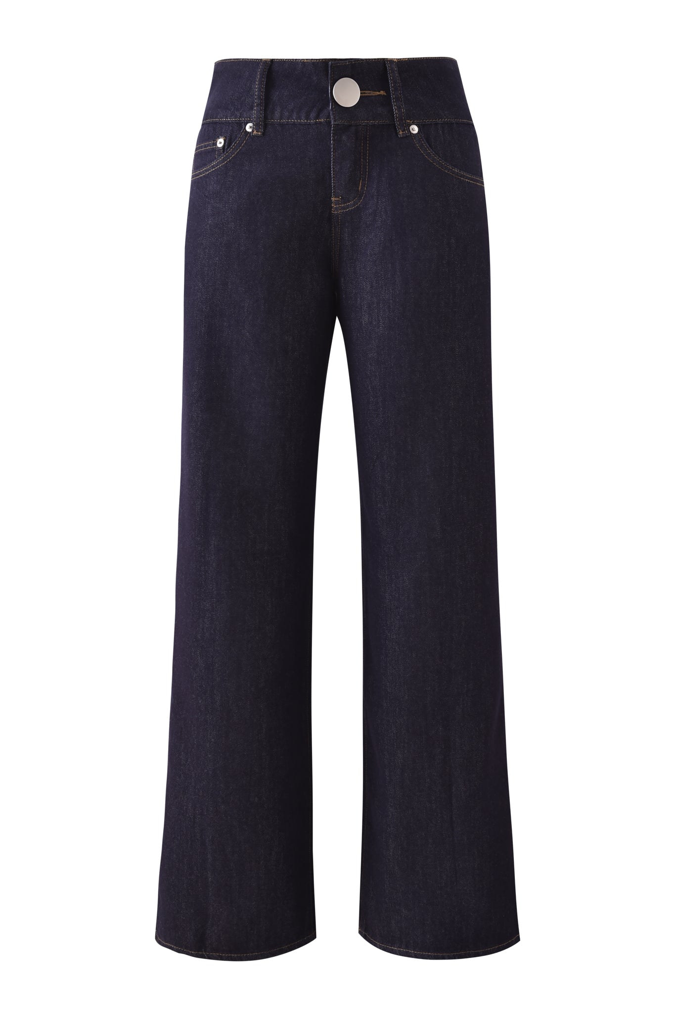 The I.AM.GIA MOXIE JEAN - INDIGO features a low-rise waist, wide-leg raw denim in dark blue, button closure, visible stitching details, and front and back pockets.
