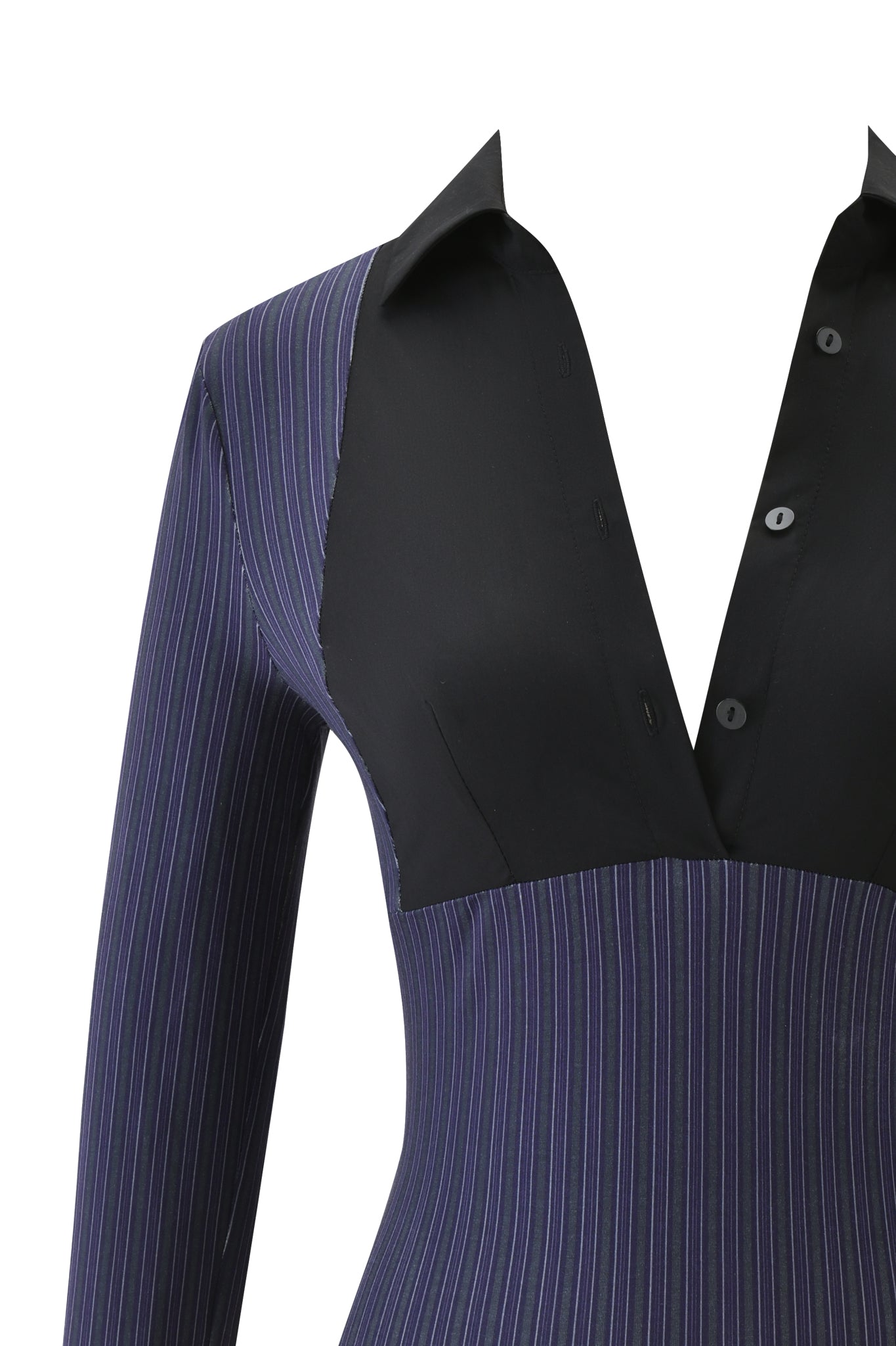 A close-up of the I.AM.GIA SHARAH TOP in blue pinstripe, showcasing its bodycon fit long sleeves, vertical stripes, a deep black V-neck collar, and black buttoned upper chest panel.