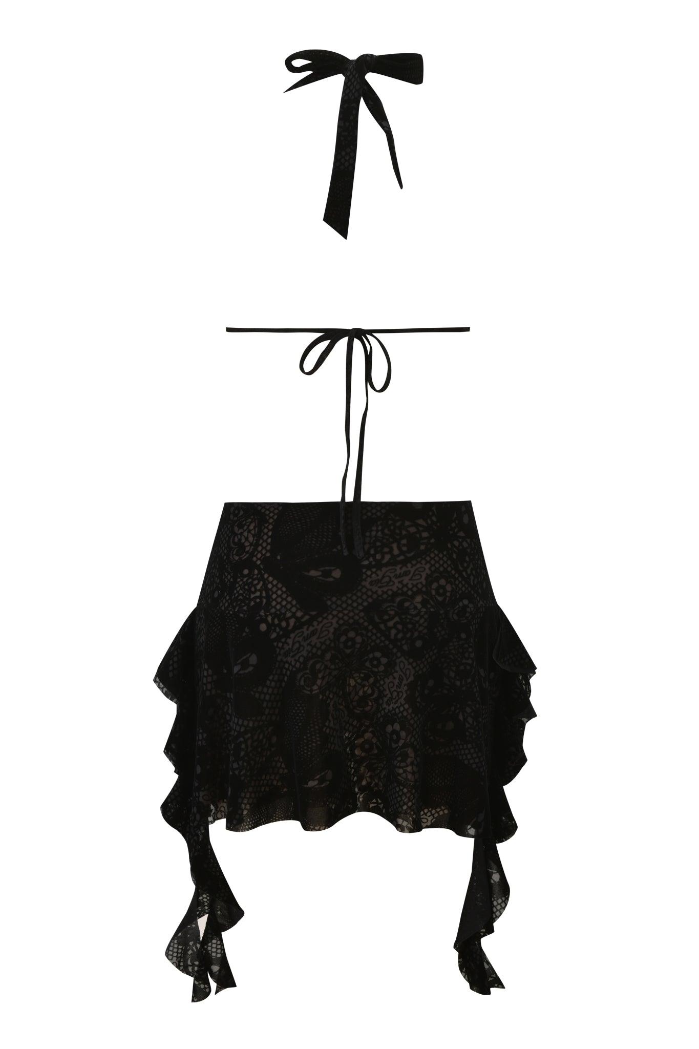 The IRISIA MINI DRESS - BURN OUT BLACK by I.AM.GIA features a black burn-out fabric, an asymmetrical ruffle hem mini skirt, and a matching halter top with a bow-tie neck and thin back straps.
