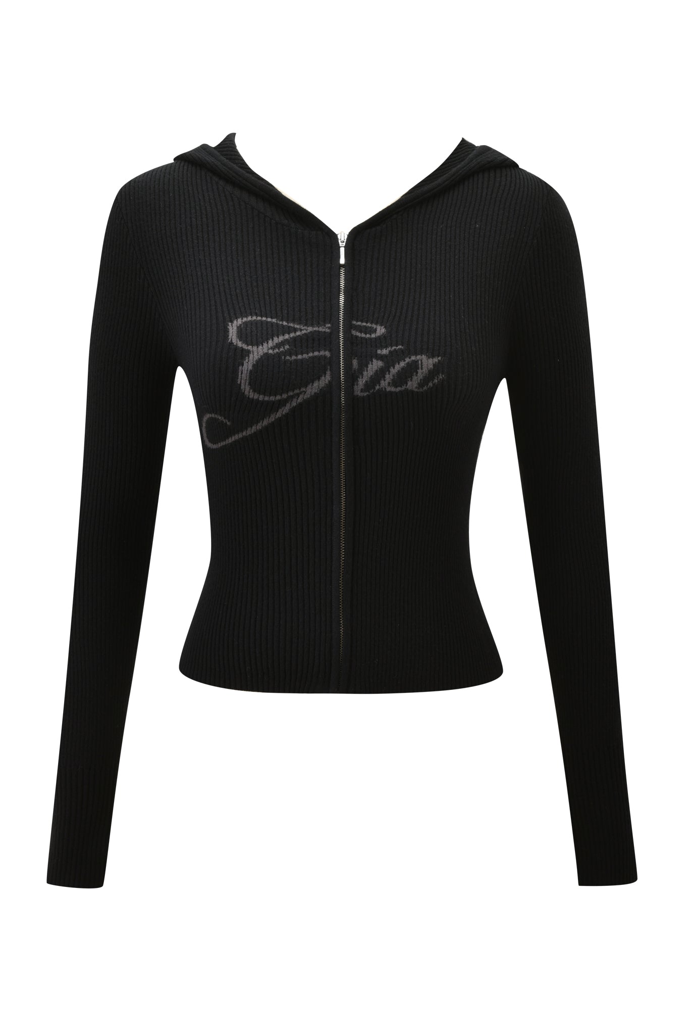 The BLARE KNIT HOODIE - BLACK by I.AM.GIA is a black ribbed knit zip-up with long sleeves and "Gia" in cursive across the chest, offering a signature branded hoodie style.