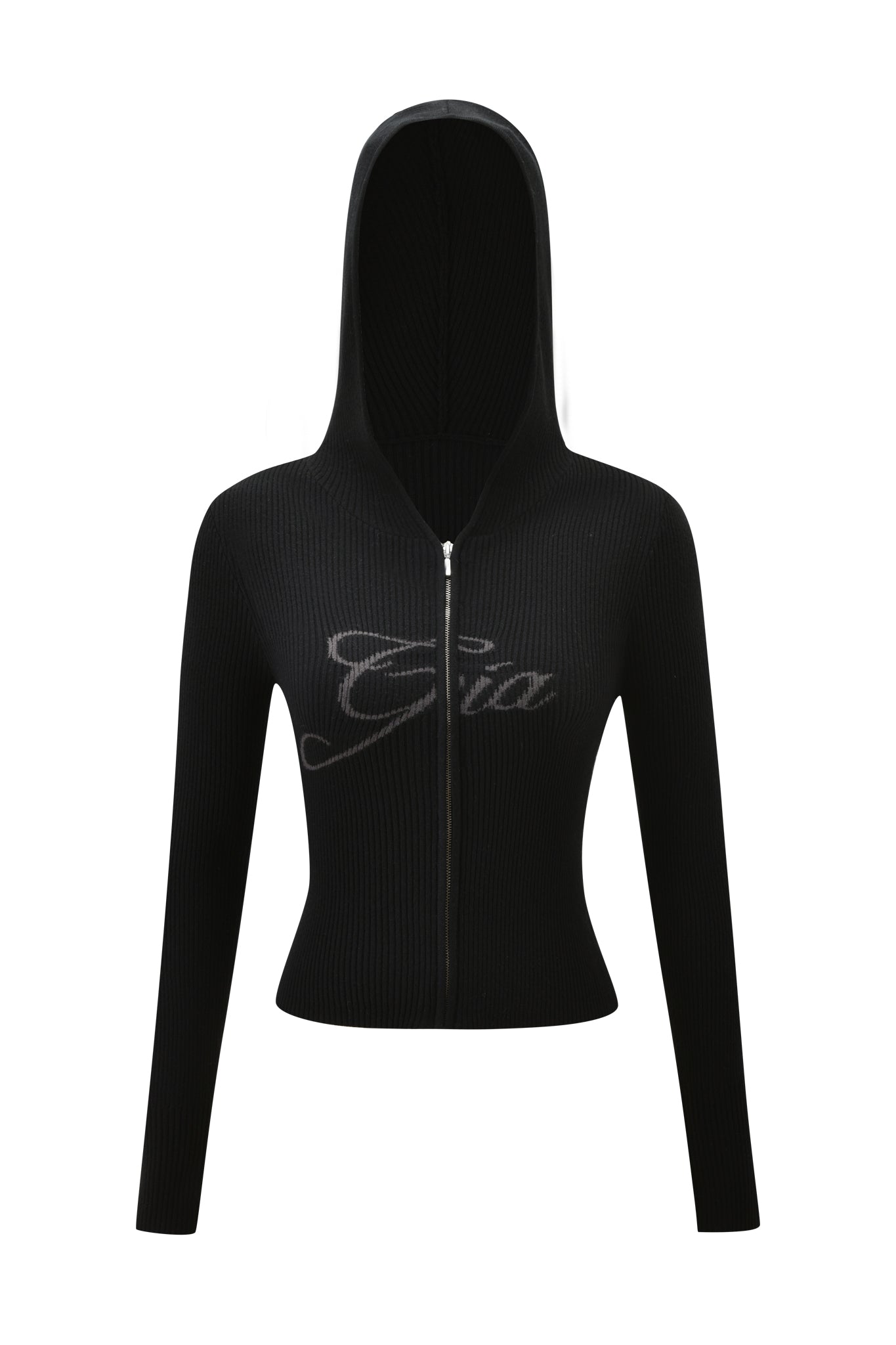 The BLARE KNIT HOODIE - BLACK by I.AM.GIA features long sleeves, a ribbed design, front zipper, and "Gia" in cursive on the chest. Displayed on a plain white background.