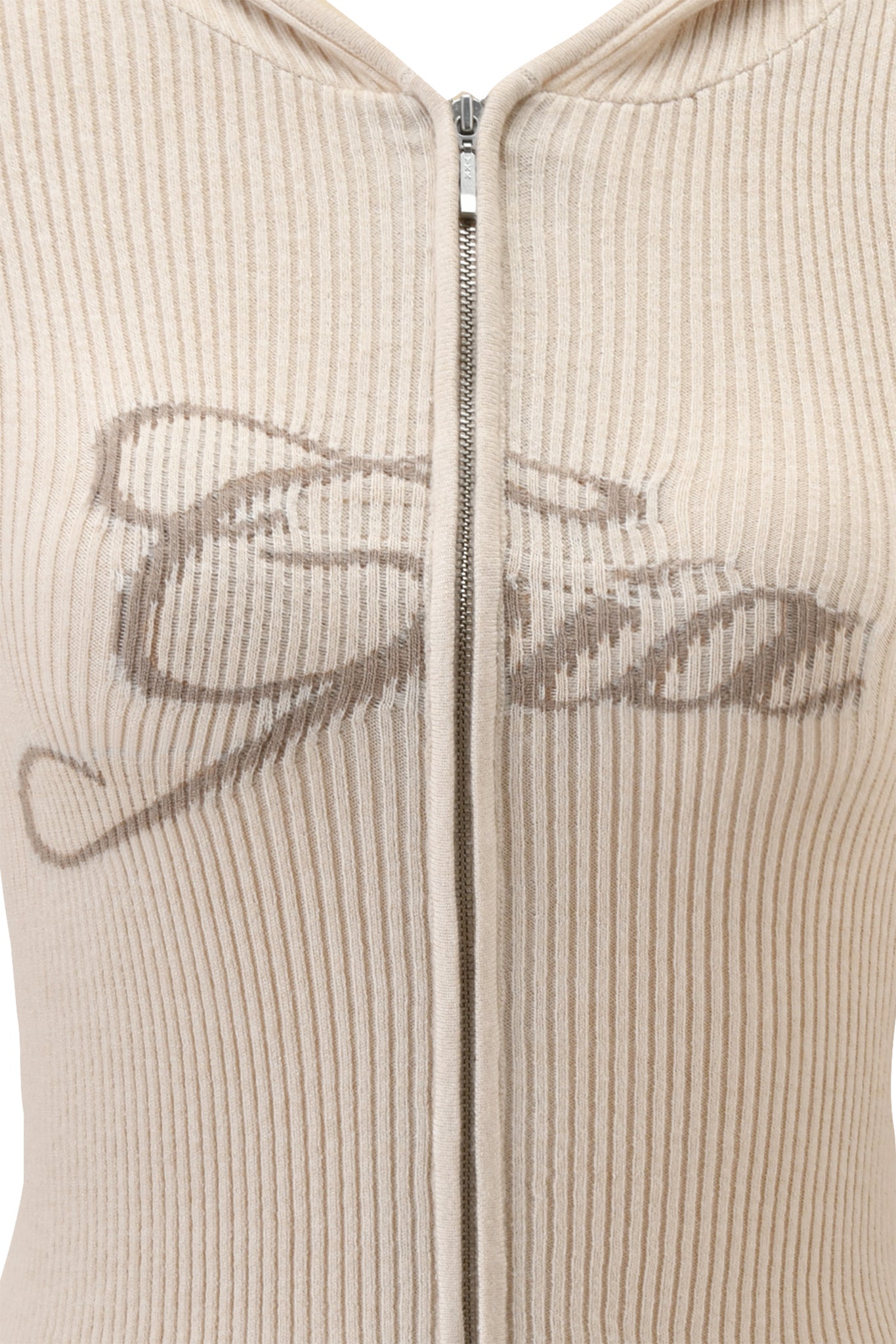 Close-up of the I.AM.GIA BLARE KNIT HOODIE in cream, highlighting its ribbed design, centered zipper partially unzipped at the neckline, and abstract brown script-like detail on the chest. Hooded style completes this chic look.