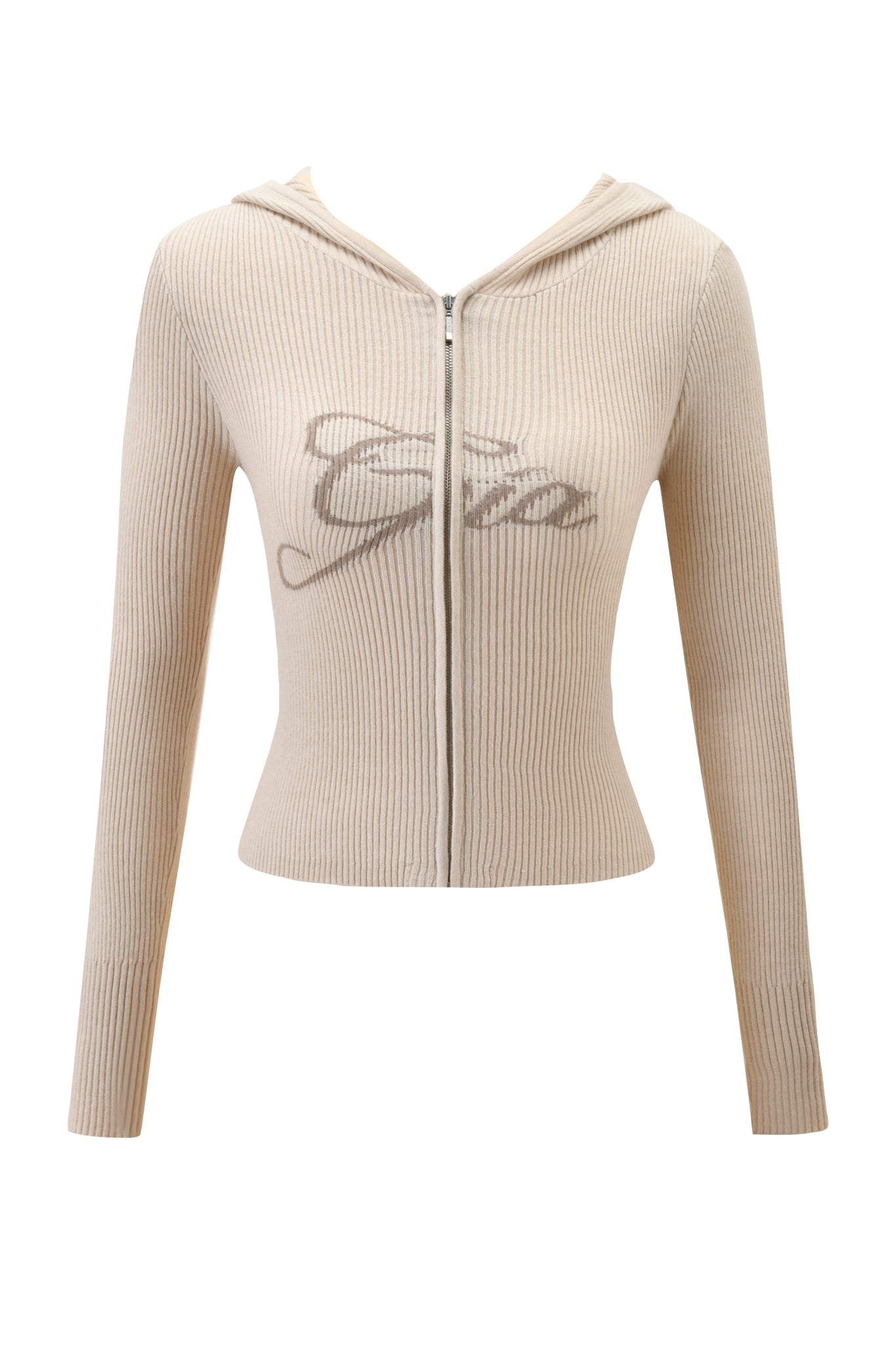 The I.AM.GIA BLARE KNIT HOODIE in cream features a cozy ribbed knit, long sleeves, zip-up front, fitted waist, and script embroidery on the chest.
