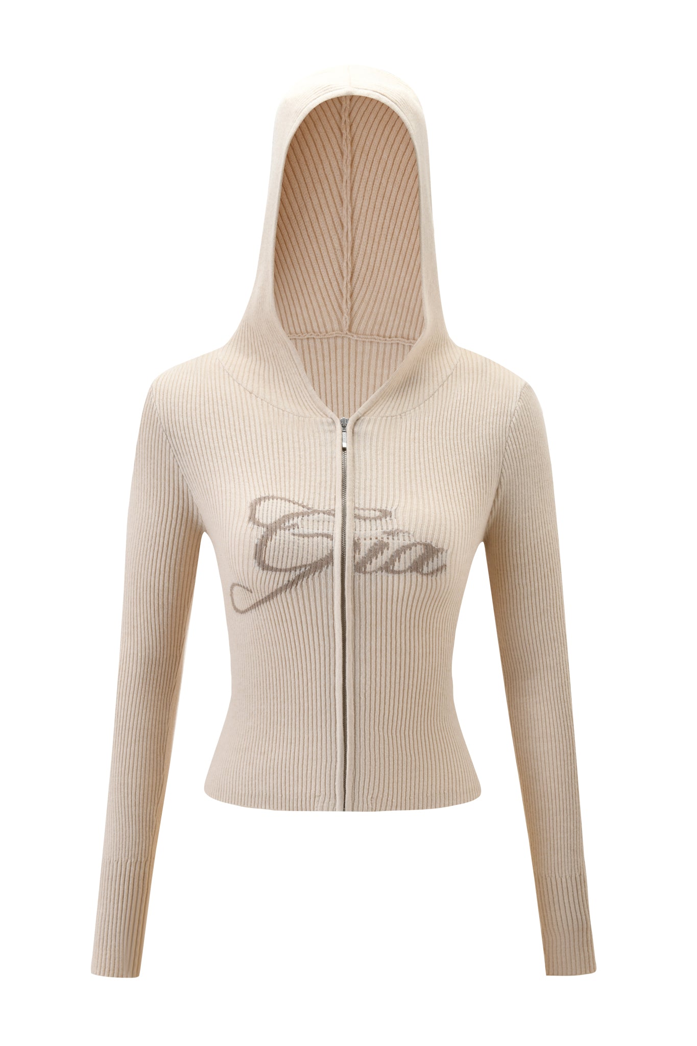 The BLARE KNIT HOODIE by I.AM.GIA features a cream ribbed design, zip-up front, fitted waist, long sleeves, lined hood, and bold cursive embroidery—making it a cozy fully fashioned knit essential.