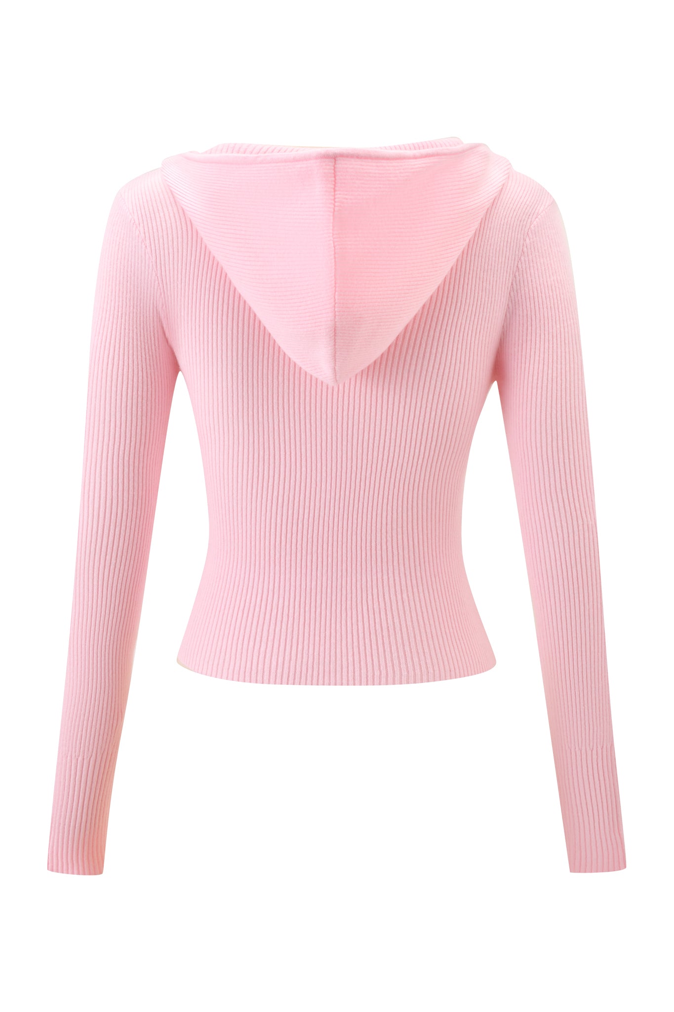 The BLARE KNIT HOODIE by I.AM.GIA features a light pink ribbed design, long sleeves, bodycon waist fit, and a cozy hood for stylish comfort.